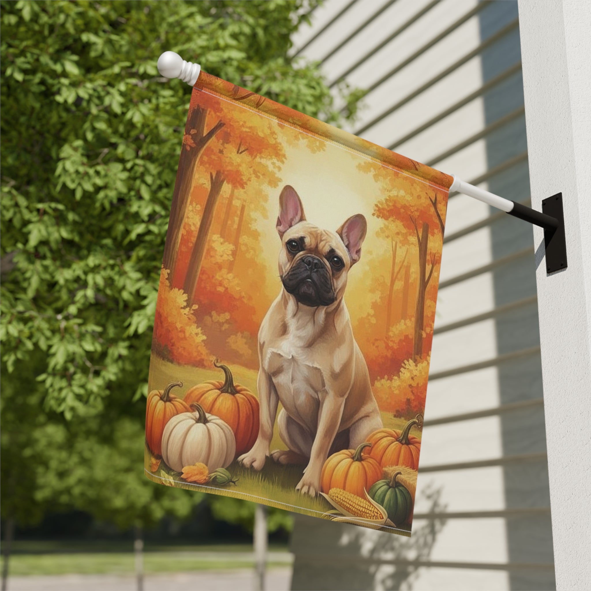 Fall Pumpkin French Bulldog Garden Flag - close-up detail - Dragonfire Gardens