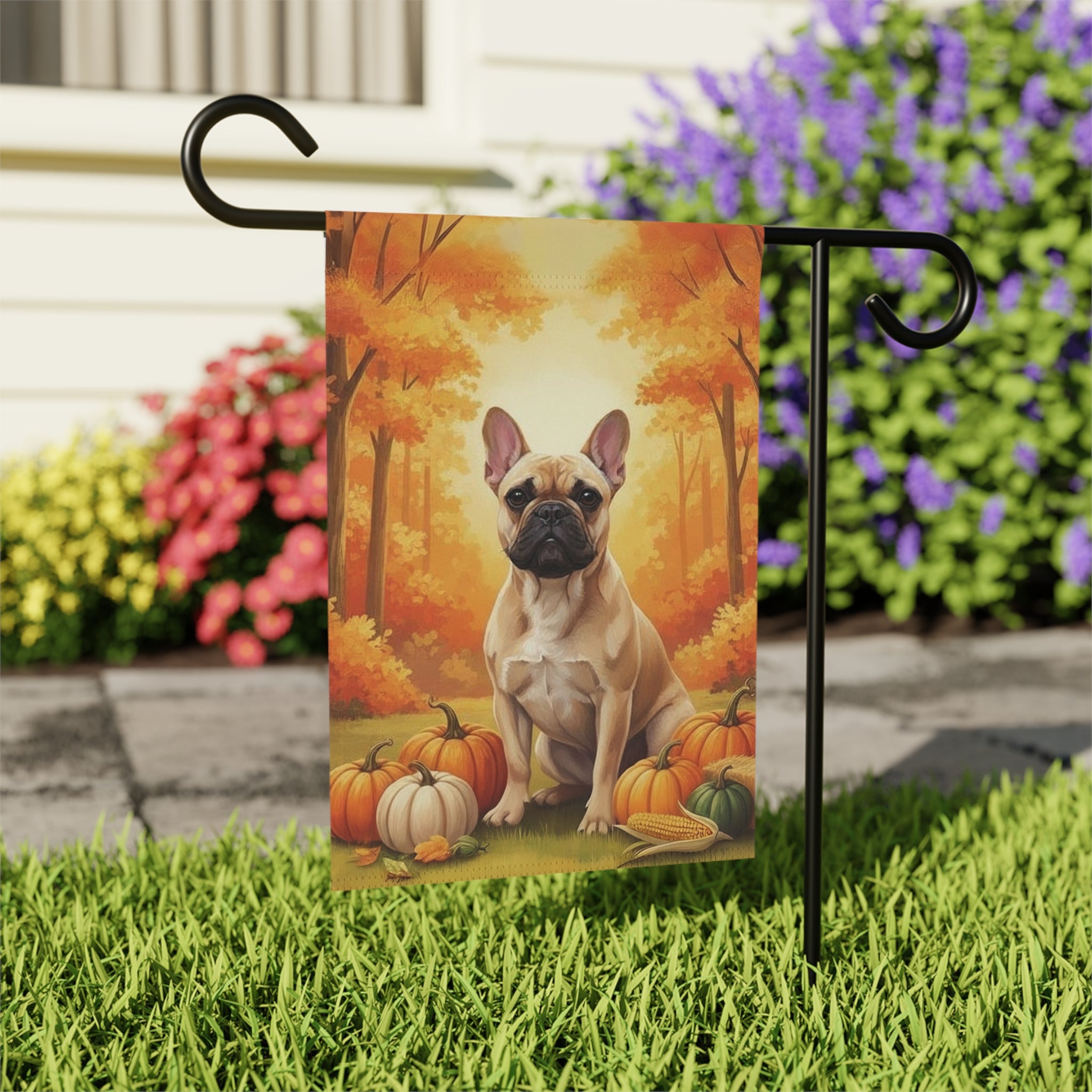 Fall Pumpkin French Bulldog Garden Flag - outdoor display - Dragonfire Gardens