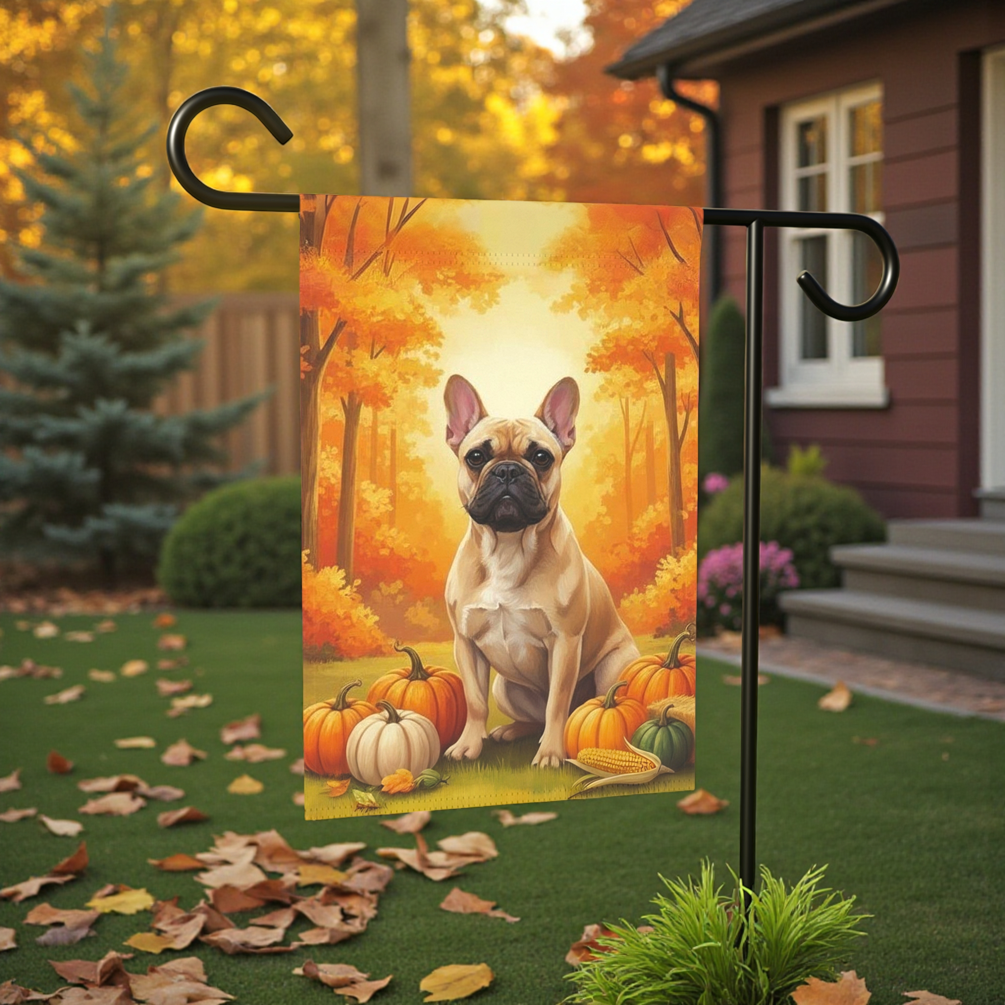 Fall Pumpkin French Bulldog Garden Flag - front view - Dragonfire Gardens