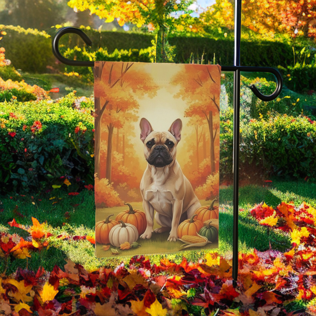 Fall Pumpkin French Bulldog Garden Flag - size comparison - Dragonfire Gardens