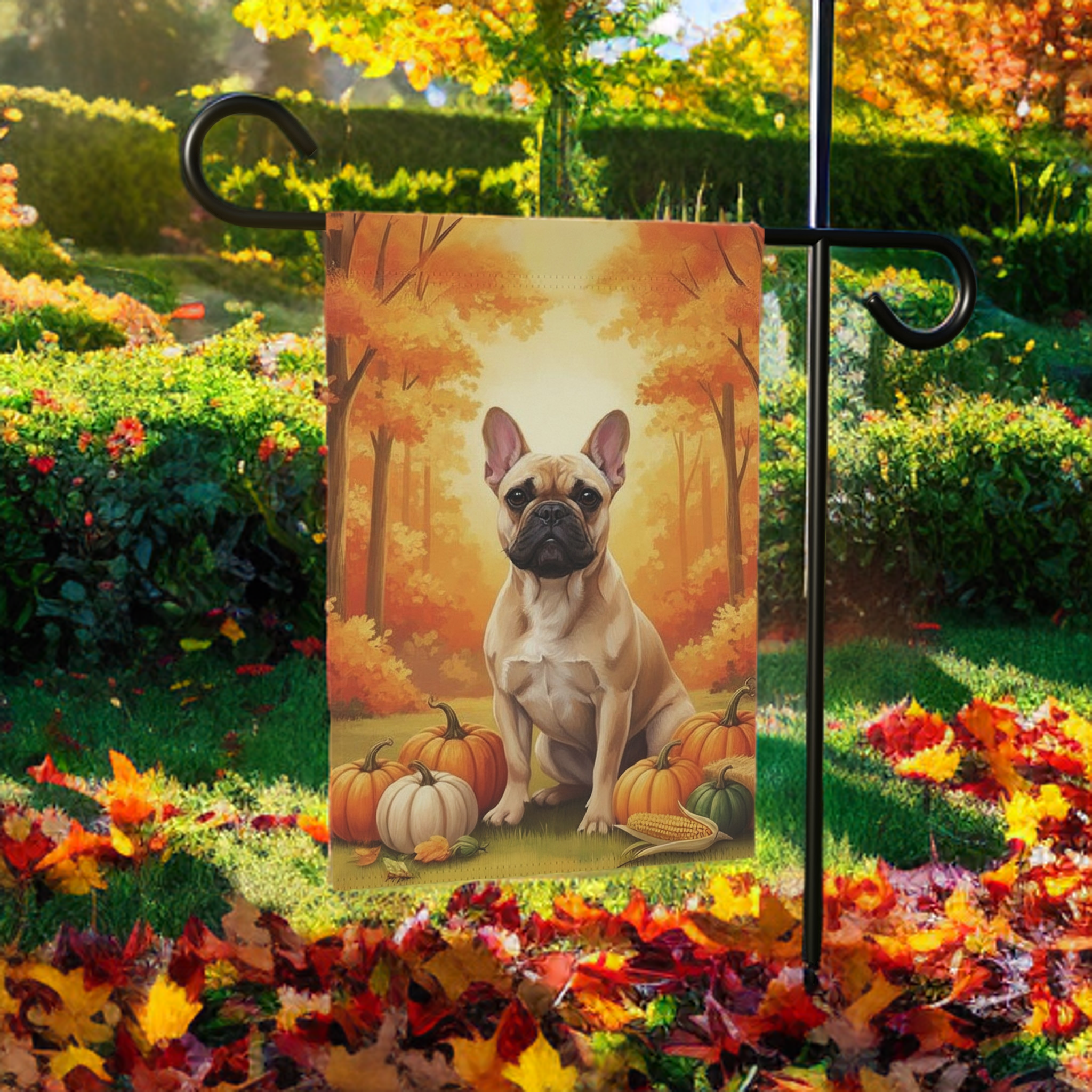 Fall Pumpkin French Bulldog Garden Flag - size comparison - Dragonfire Gardens