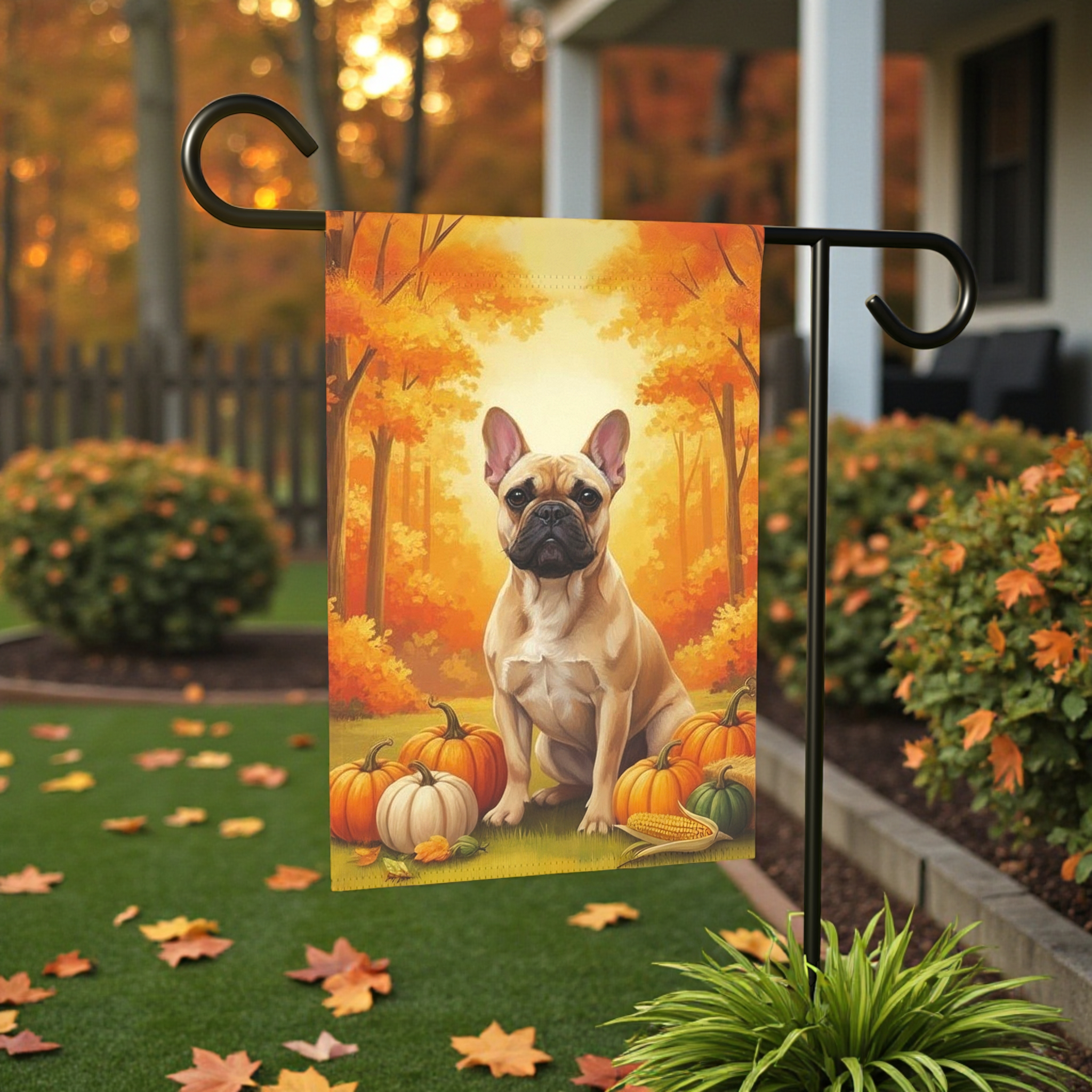 Fall Pumpkin French Bulldog Garden Flag - lifestyle display - Dragonfire Gardens