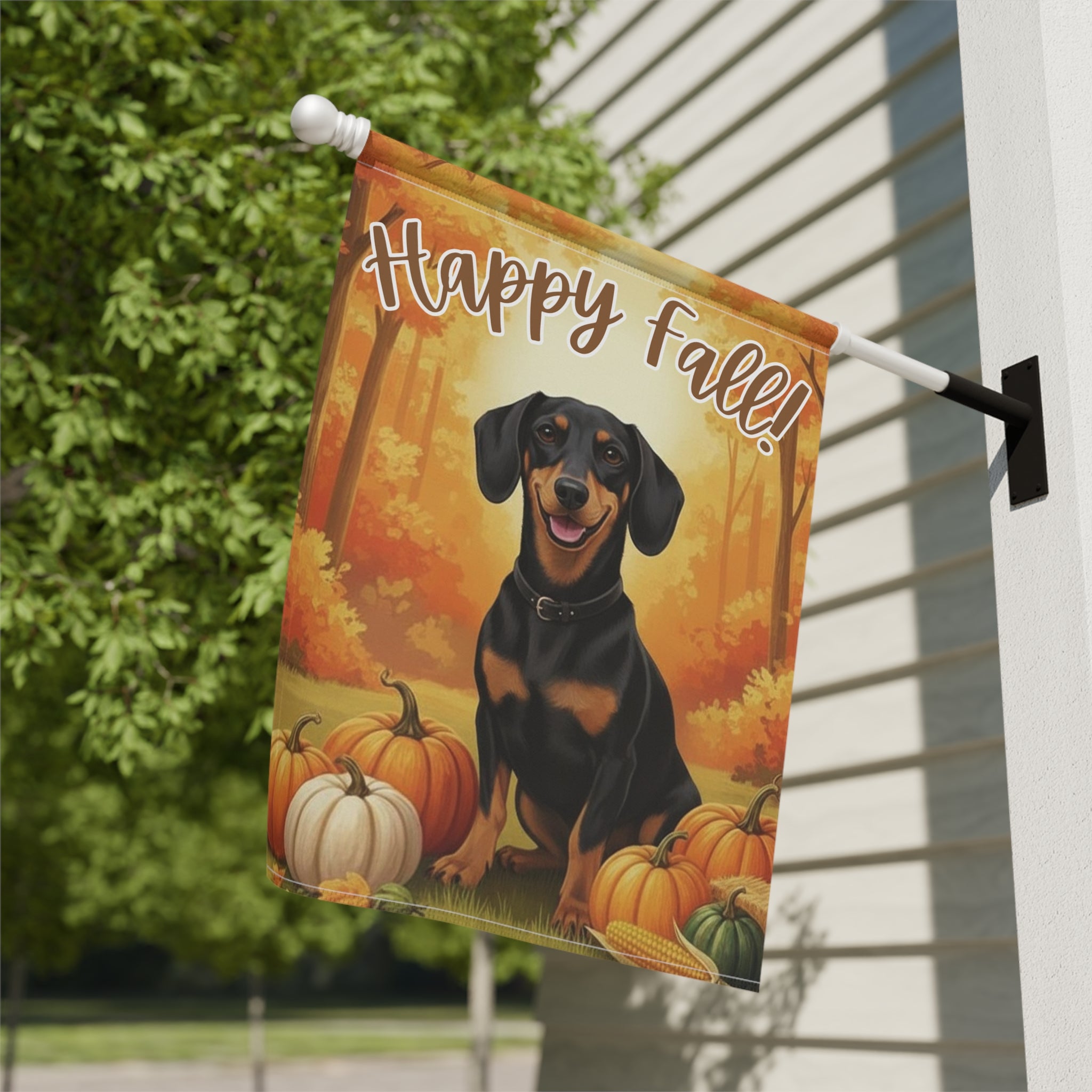 Happy Fall Pumpkin Dachshund Garden Flag - close-up detail - Dragonfire Gardens