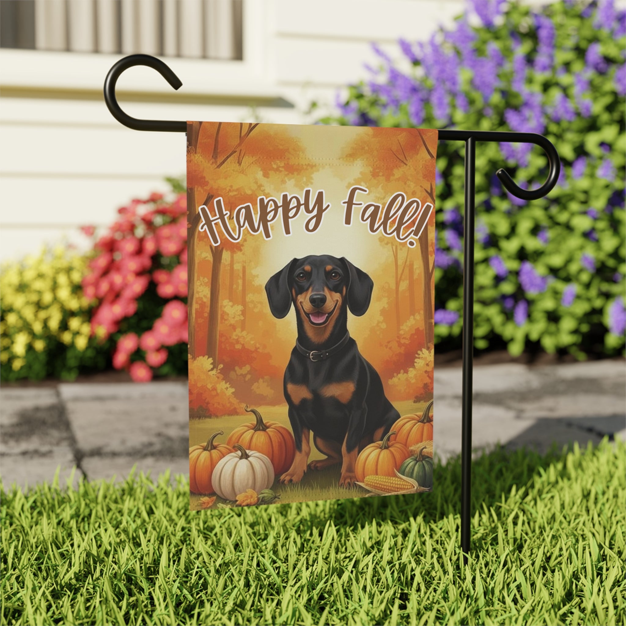 Happy Fall Pumpkin Dachshund Garden Flag - outdoor display - Dragonfire Gardens