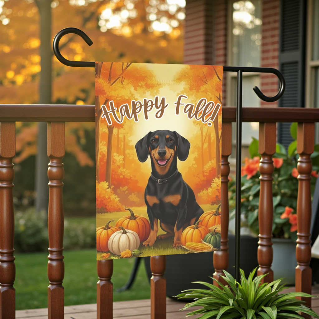 Happy Fall Pumpkin Dachshund Garden Flag - lifestyle display - Dragonfire Gardens