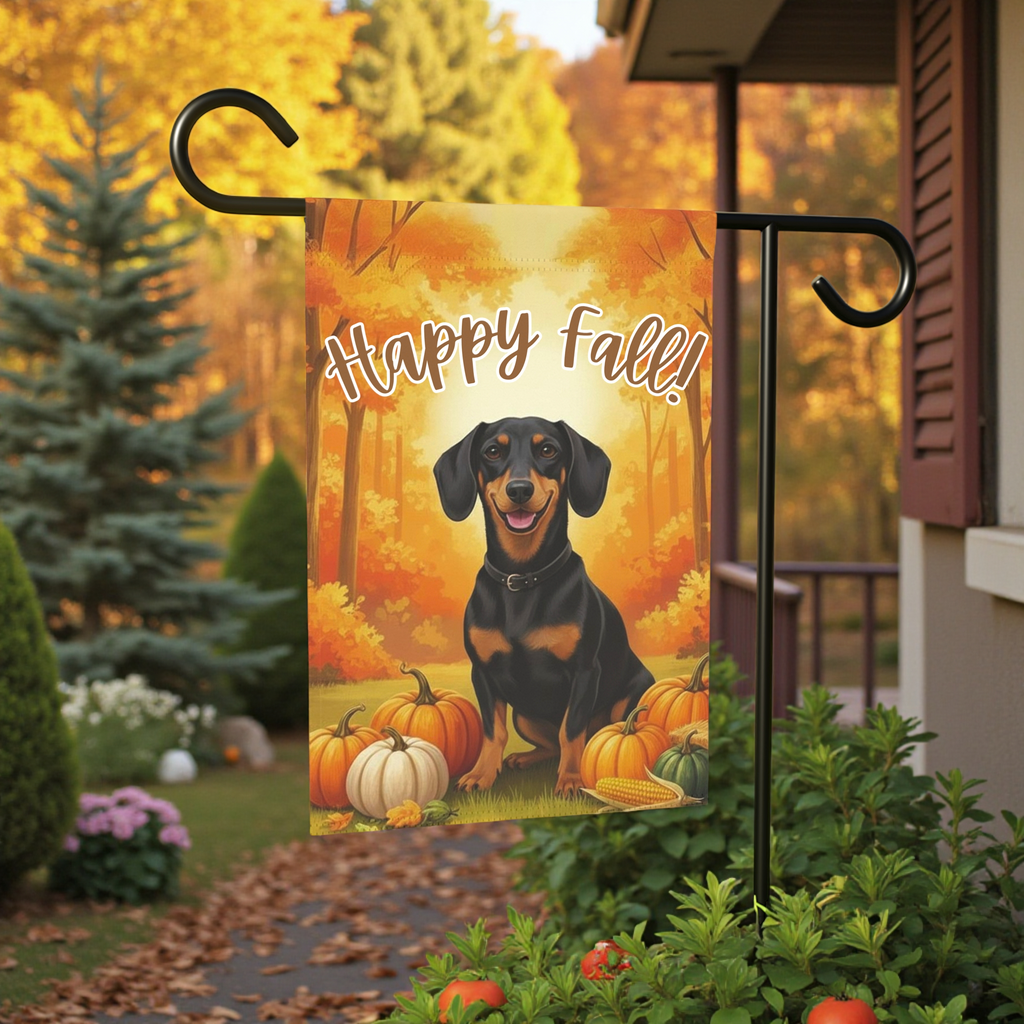 Happy Fall Pumpkin Dachshund Garden Flag - front view - Dragonfire Gardens
