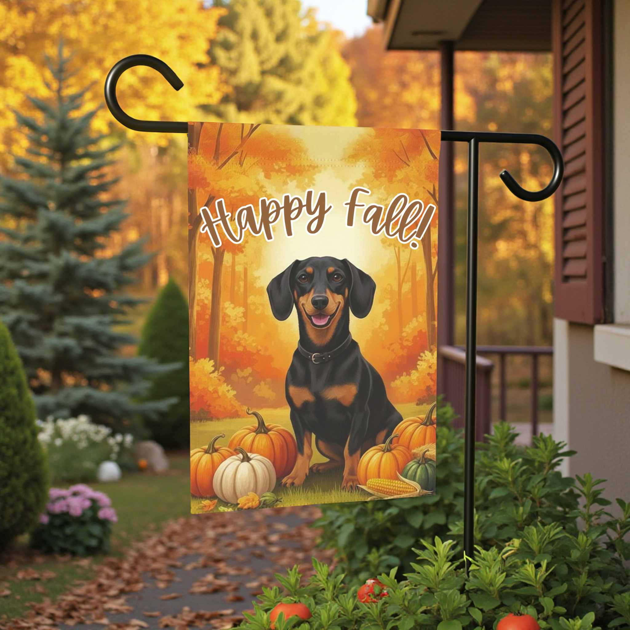 Happy Fall Pumpkin Dachshund Garden Flag - front view - Dragonfire Gardens
