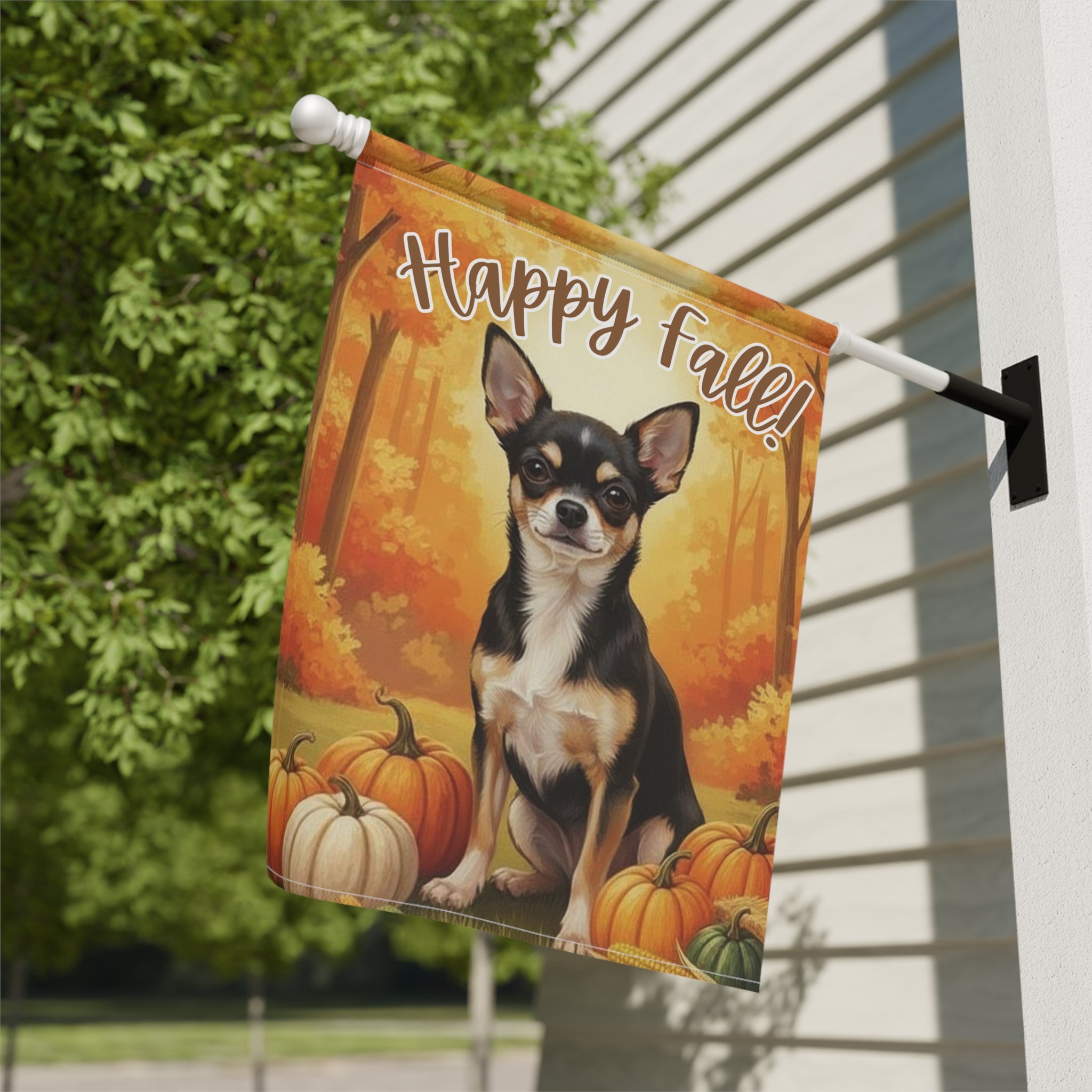 Fall Pumpkin Chihuahua Garden Flag - close-up detail - Dragonfire Gardens