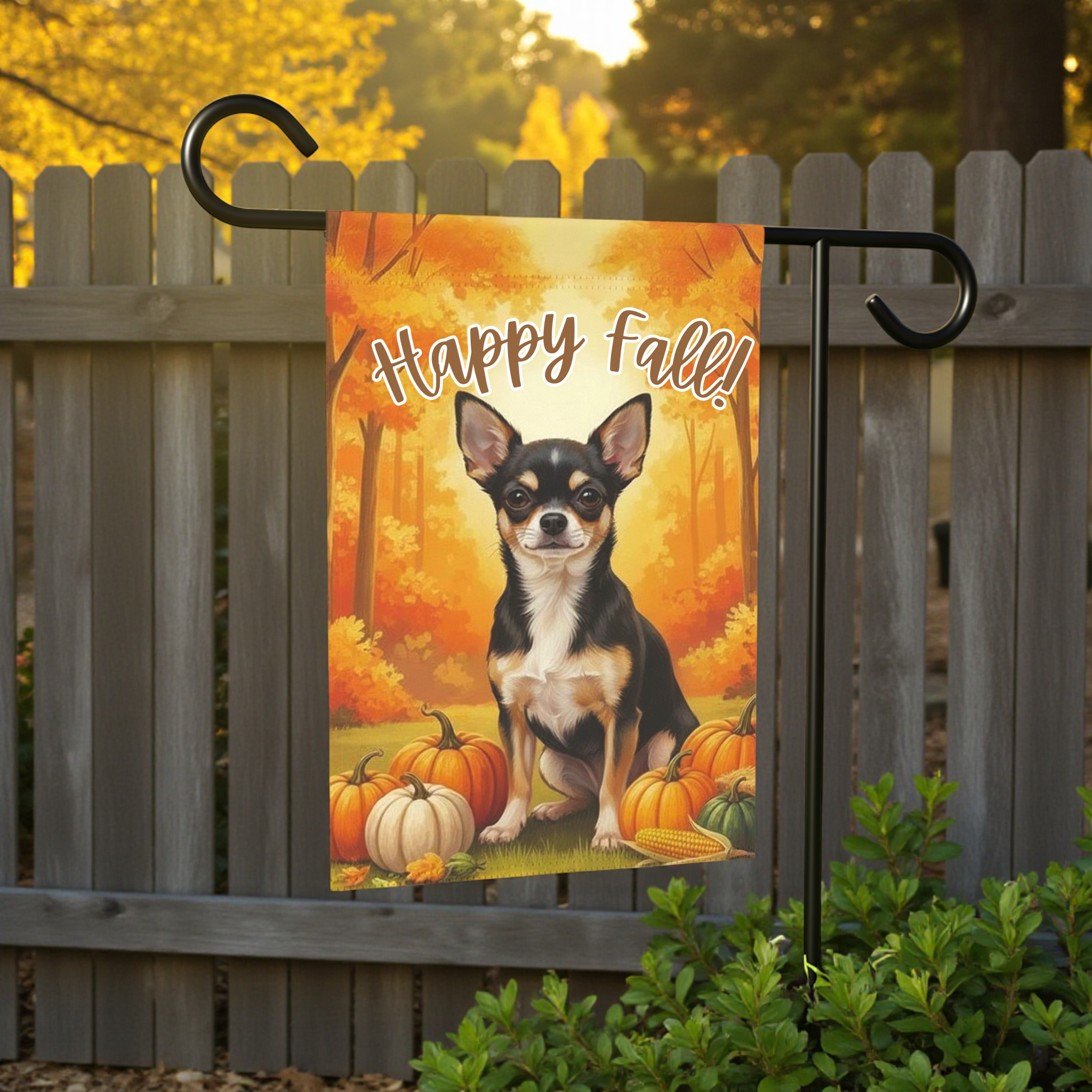 Fall Pumpkin Chihuahua Garden Flag - size comparison - Dragonfire Gardens