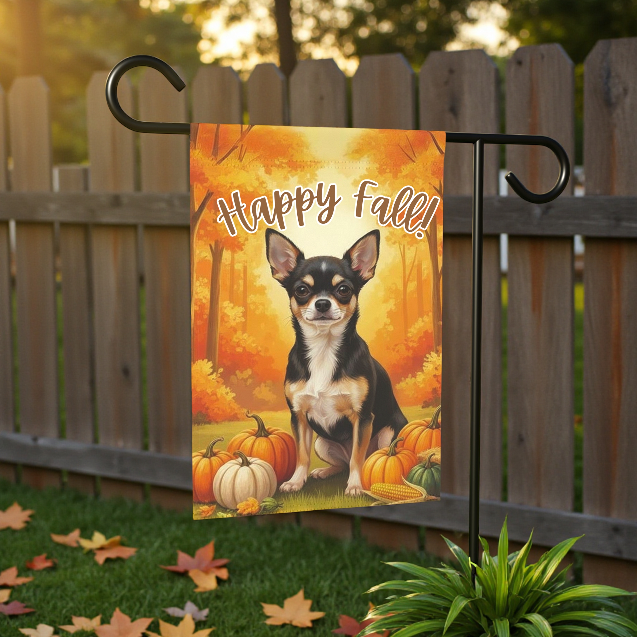 Fall Pumpkin Chihuahua Garden Flag - front view - Dragonfire Gardens