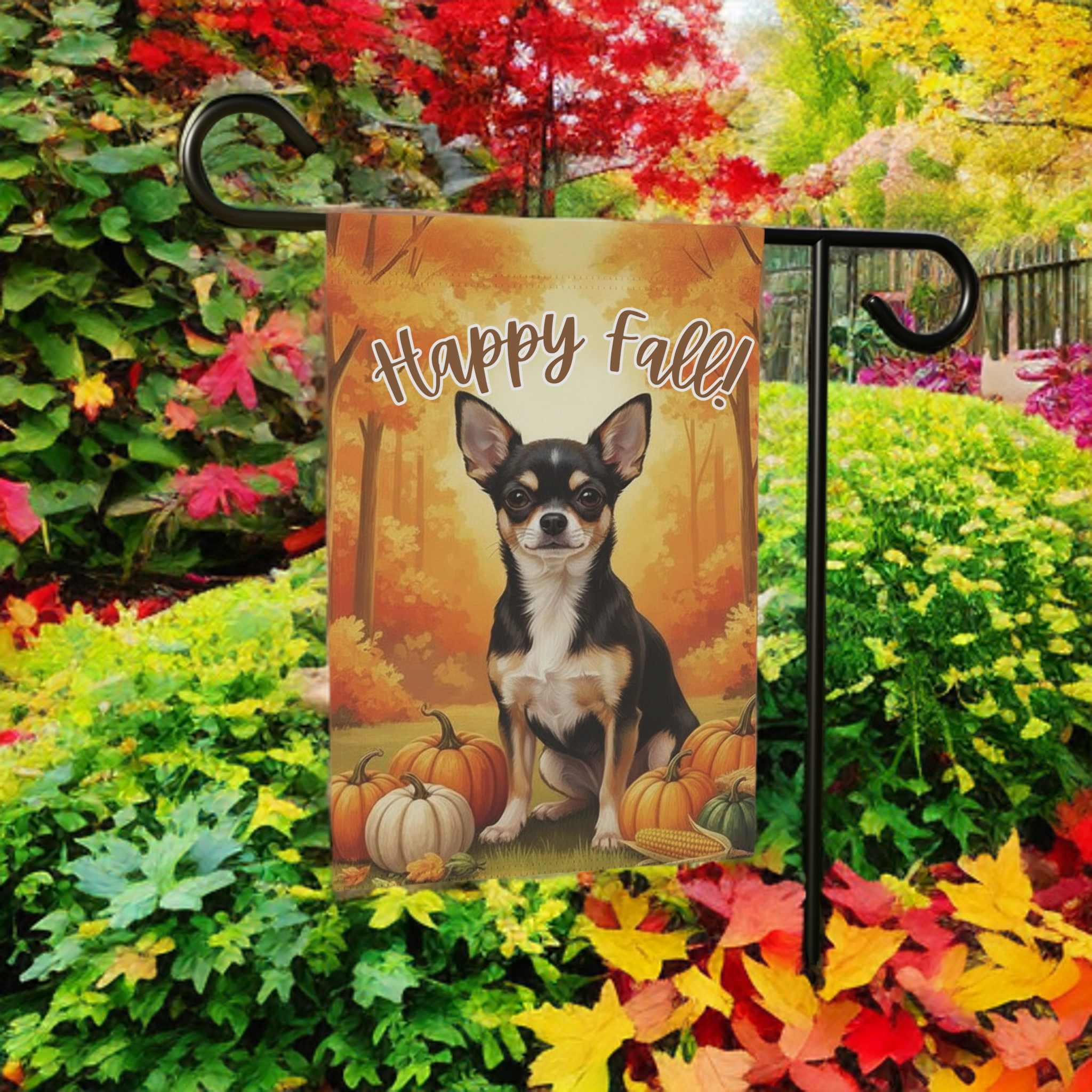 Fall Pumpkin Chihuahua Garden Flag - lifestyle display - Dragonfire Gardens