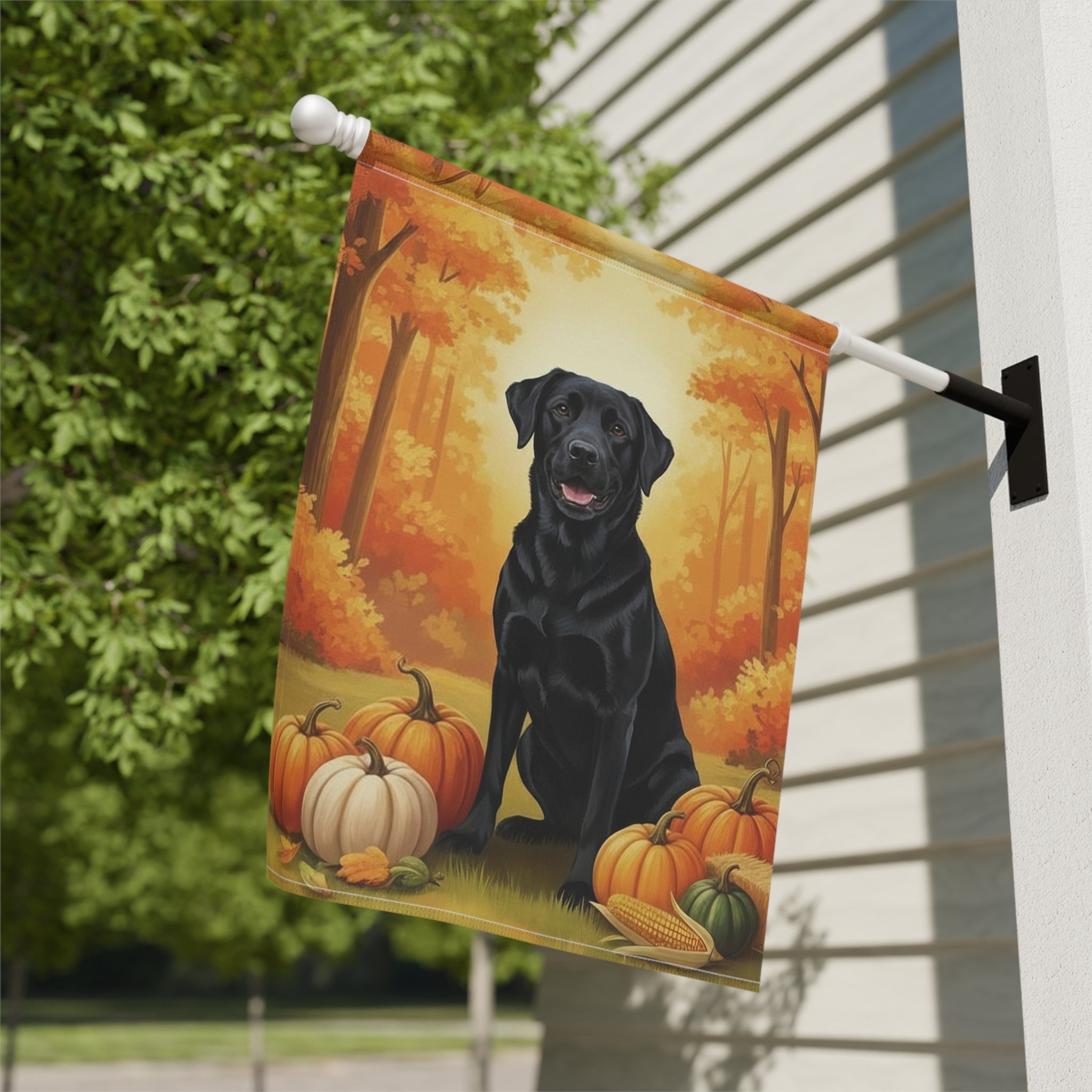 Fall Pumpkin Black Labrador Retriever Garden Flag - close-up detail - Dragonfire Gardens