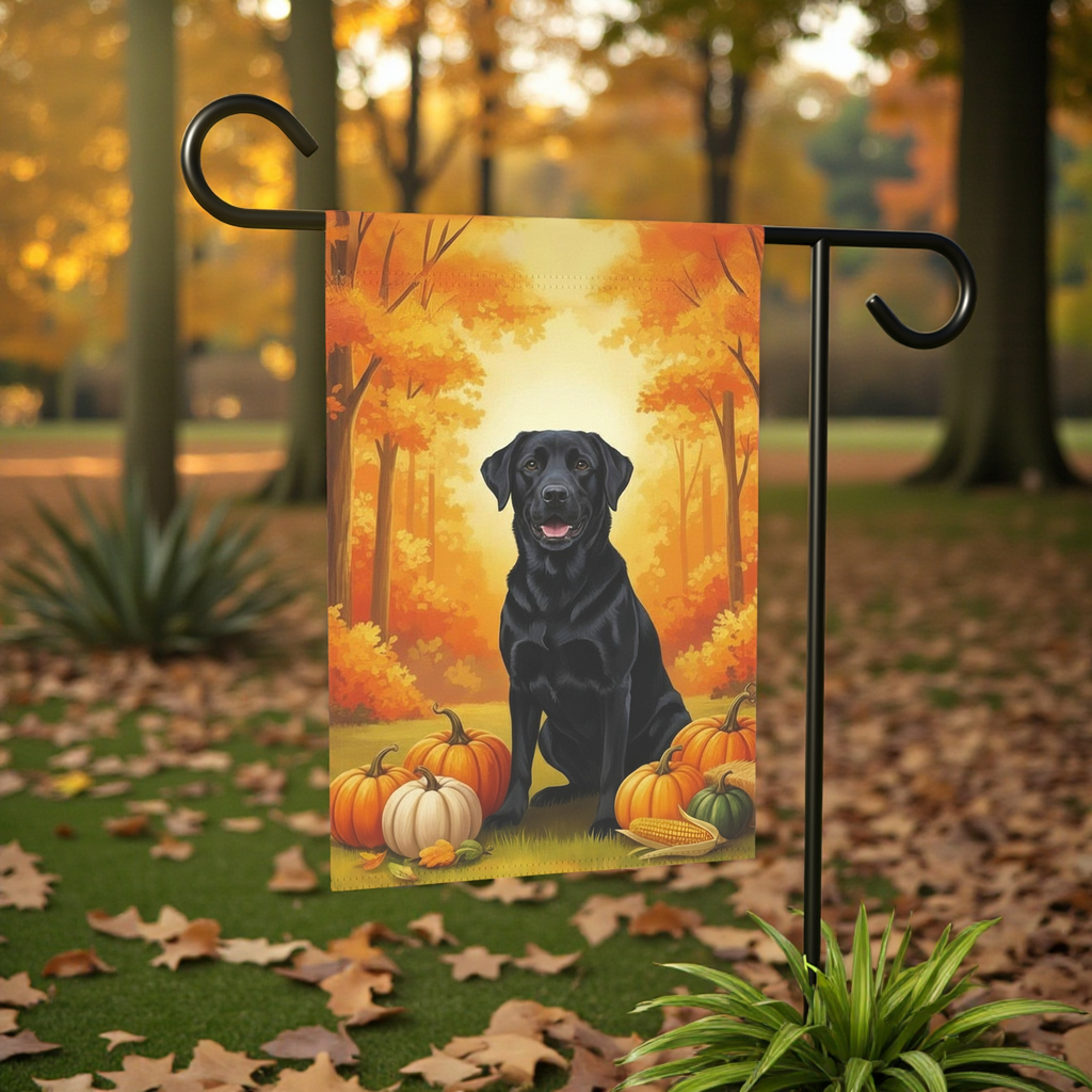 Fall Pumpkin Black Labrador Retriever Garden Flag - front view - Dragonfire Gardens