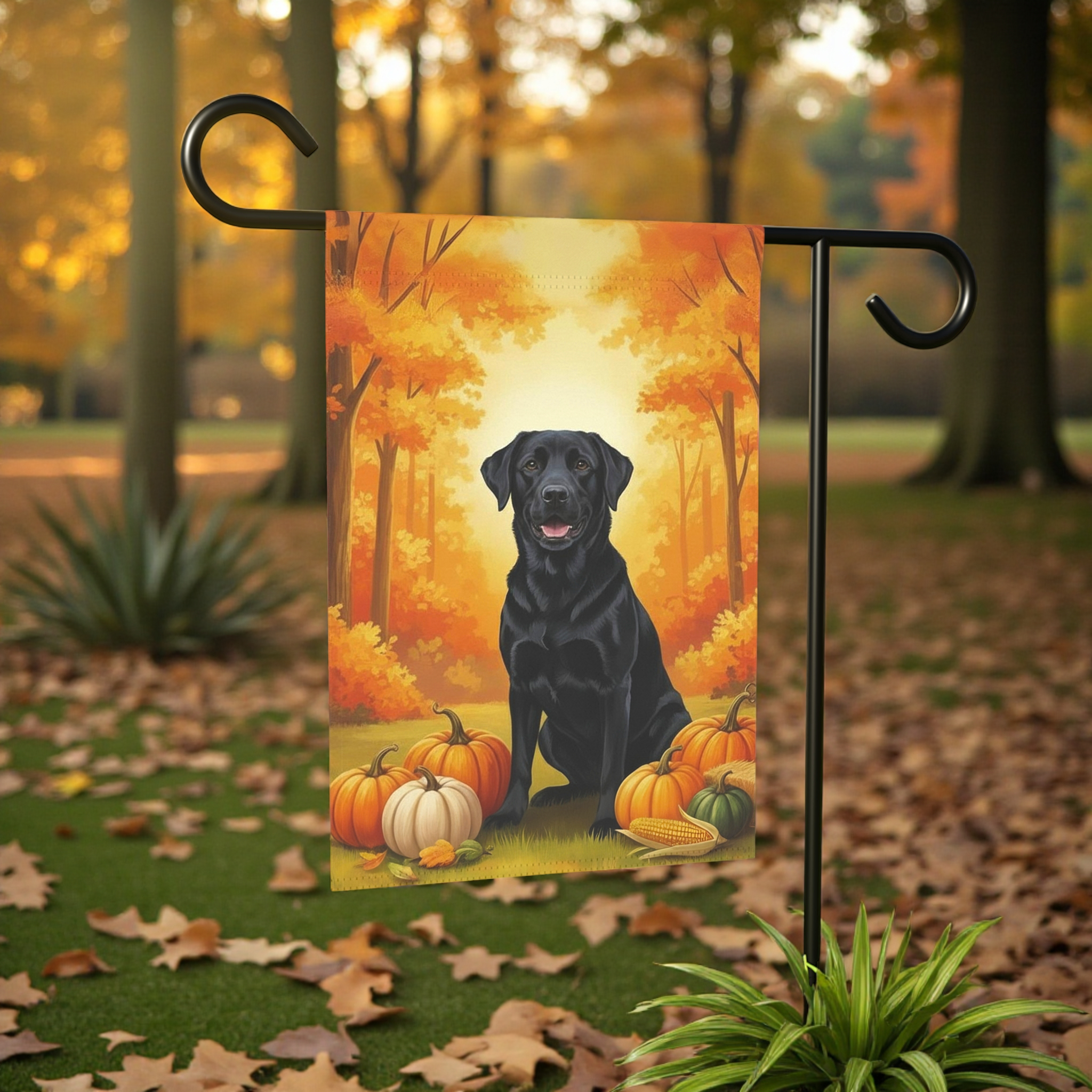 Fall Pumpkin Black Labrador Retriever Garden Flag - front view - Dragonfire Gardens