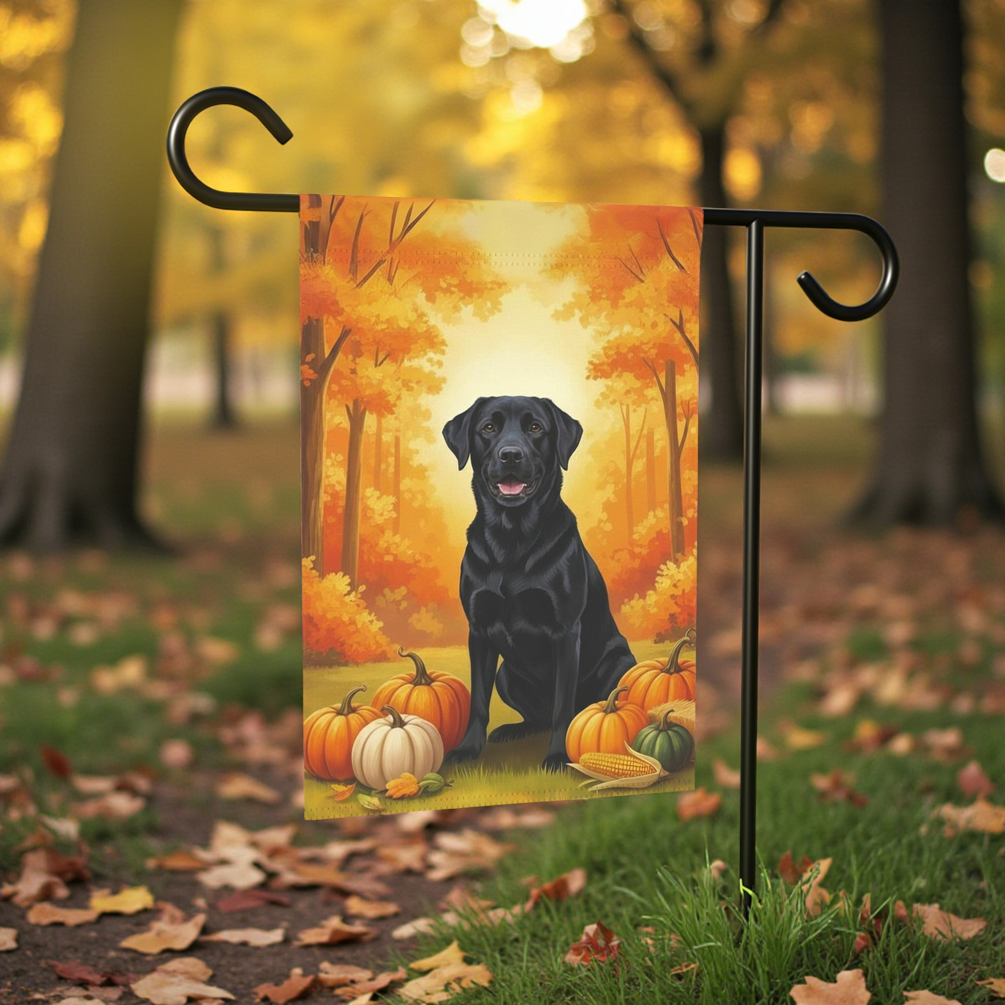 Fall Pumpkin Black Labrador Retriever Garden Flag - size comparison - Dragonfire Gardens