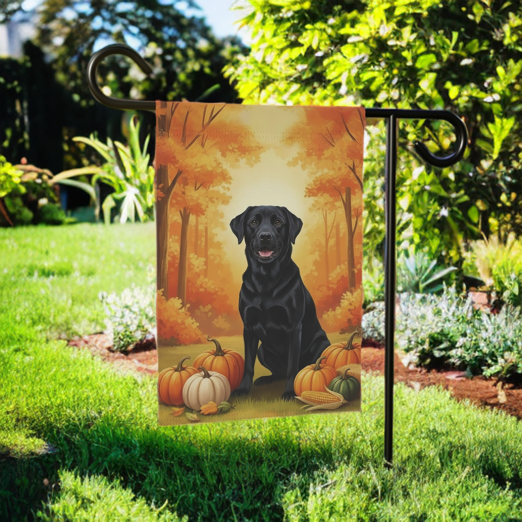 Fall Pumpkin Black Labrador Retriever Garden Flag - lifestyle display - Dragonfire Gardens