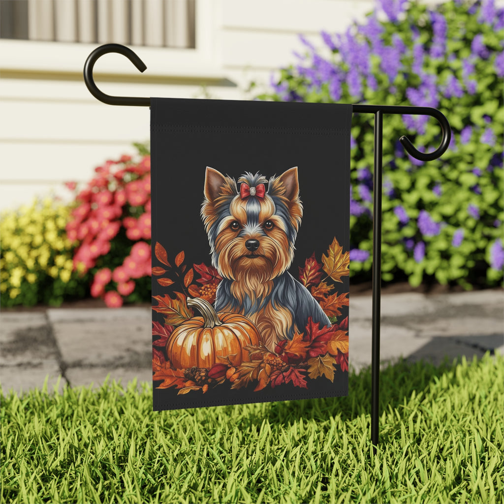 Fall Leaves and Pumpkin Yorkie Garden Flag - outdoor display - Dragonfire Gardens