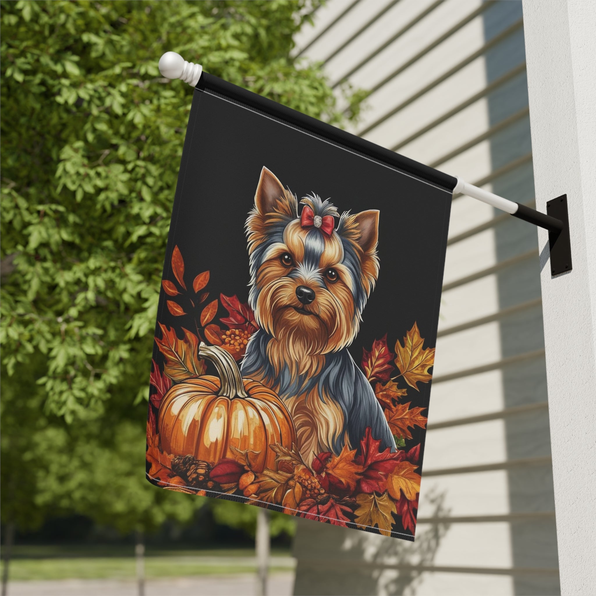 Fall Leaves and Pumpkin Yorkie Garden Flag - close-up detail - Dragonfire Gardens