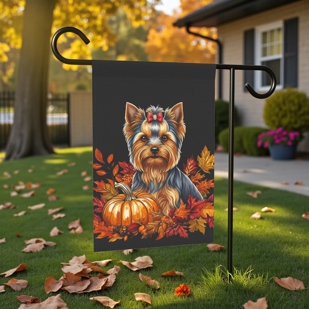 Fall Leaves and Pumpkin Yorkie Garden Flag - front view - Dragonfire Gardens