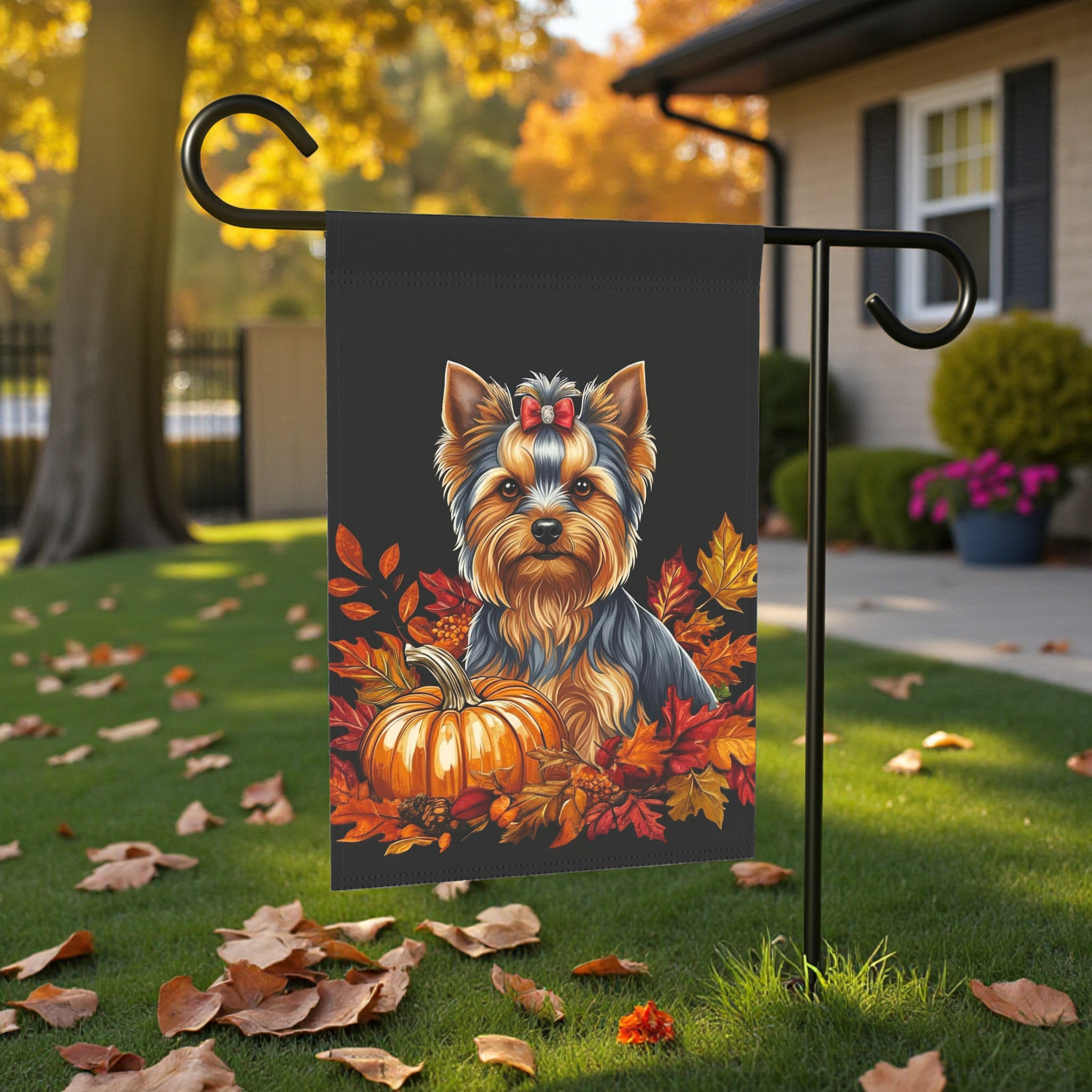 Fall Leaves and Pumpkin Yorkie Garden Flag - front view - Dragonfire Gardens