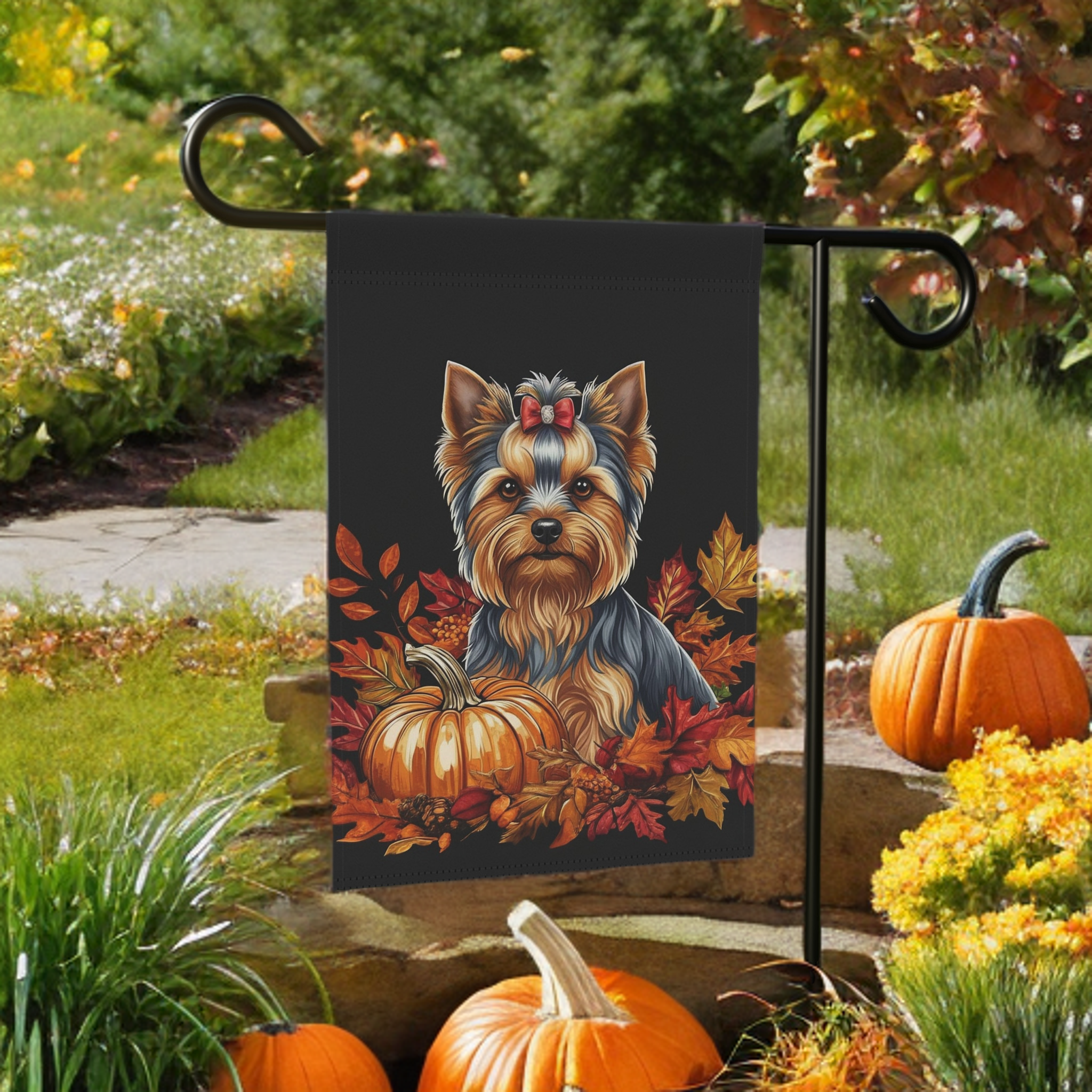 Fall Leaves and Pumpkin Yorkie Garden Flag - lifestyle display - Dragonfire Gardens