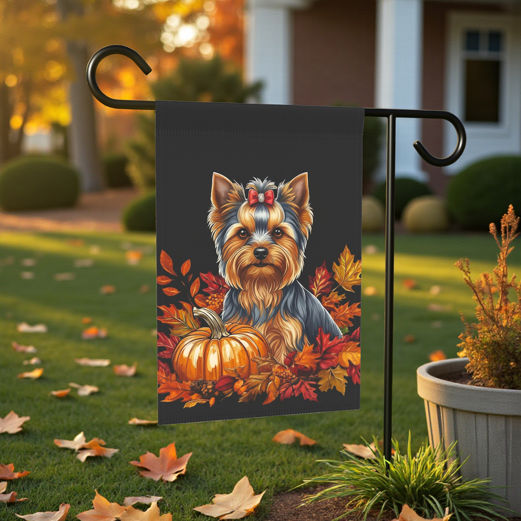 Fall Leaves and Pumpkin Yorkie Garden Flag - size comparison - Dragonfire Gardens