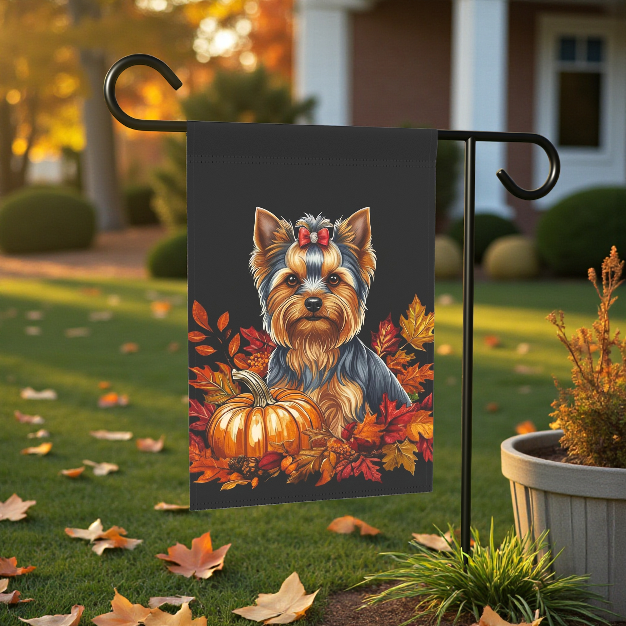 Fall Leaves and Pumpkin Yorkie Garden Flag - size comparison - Dragonfire Gardens
