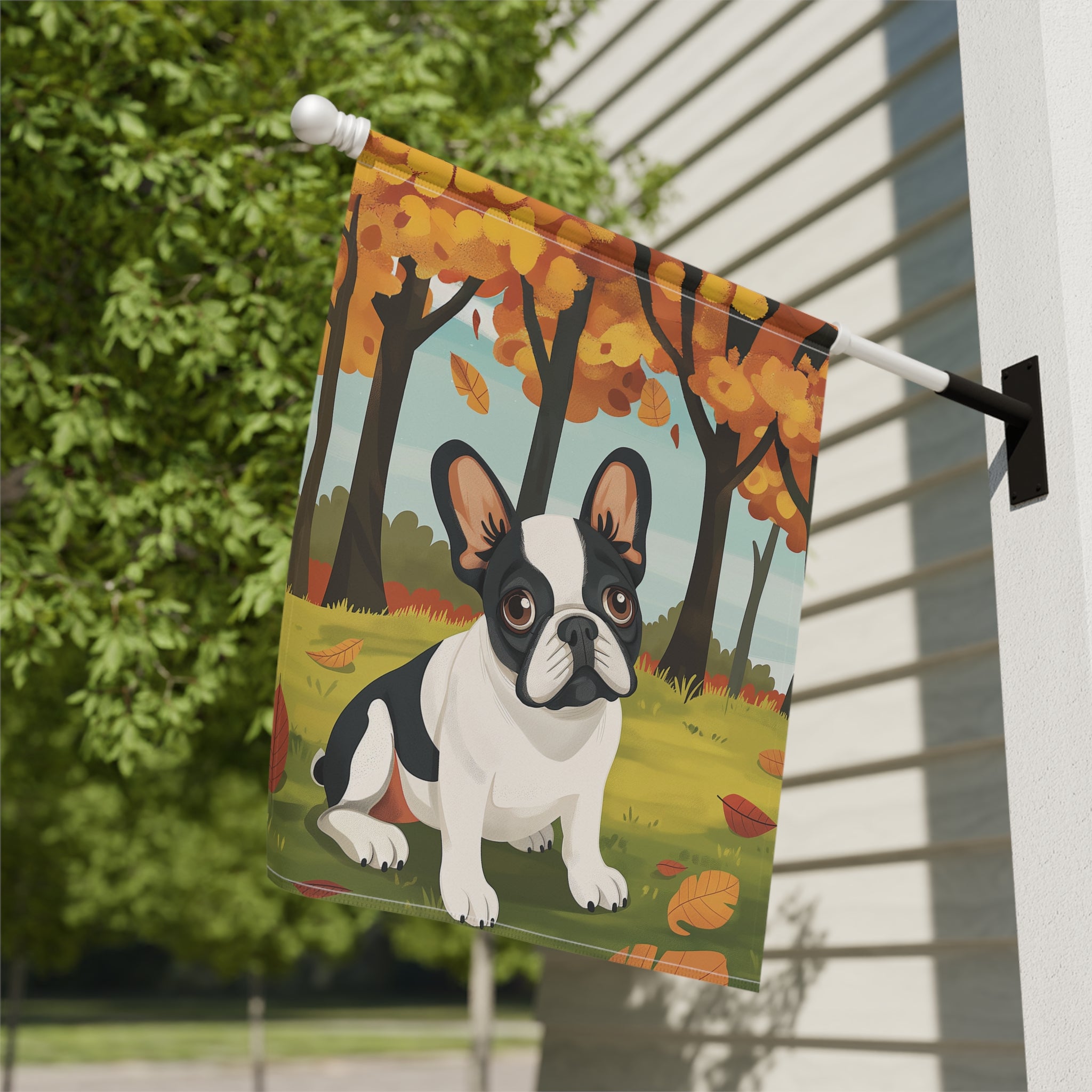 Fall French Bulldog Garden Flag - close-up detail - Dragonfire Gardens