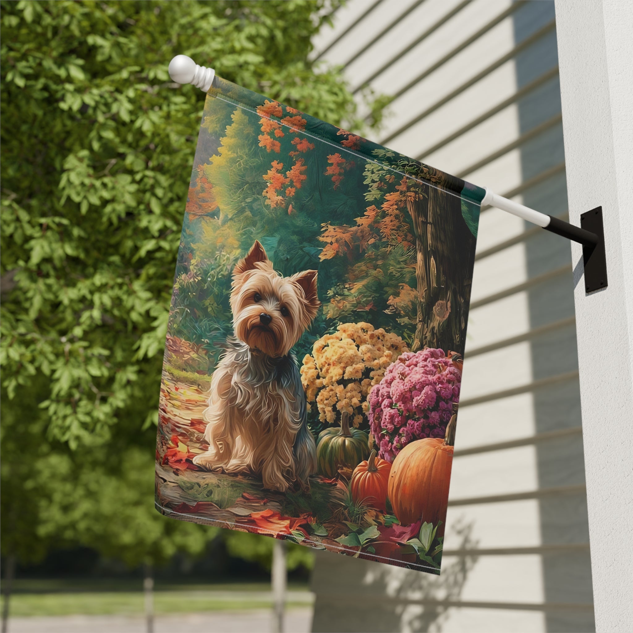 Fall Flowers Yorkshire Terrier Garden Flag - close-up detail - Dragonfire Gardens