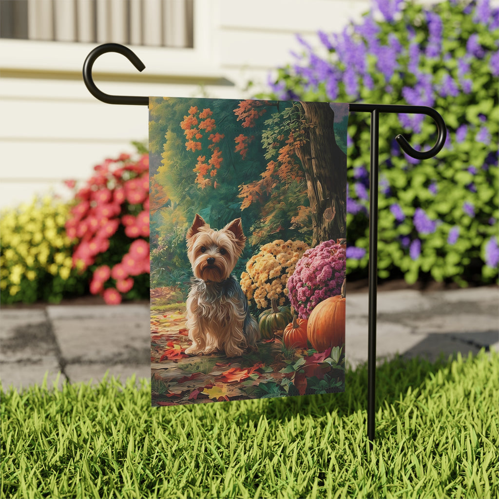 Fall Flowers Yorkshire Terrier Garden Flag - outdoor display - Dragonfire Gardens