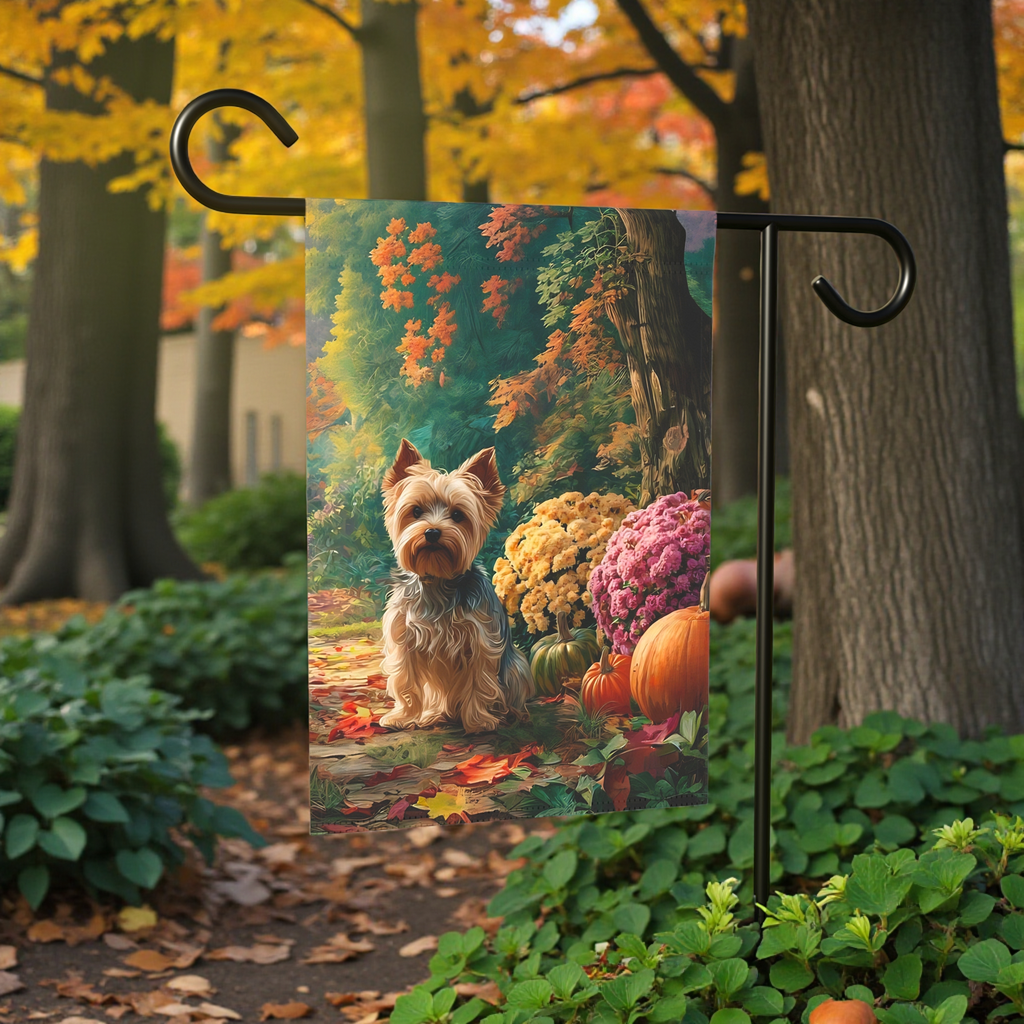 Fall Flowers Yorkshire Terrier Garden Flag - front view - Dragonfire Gardens