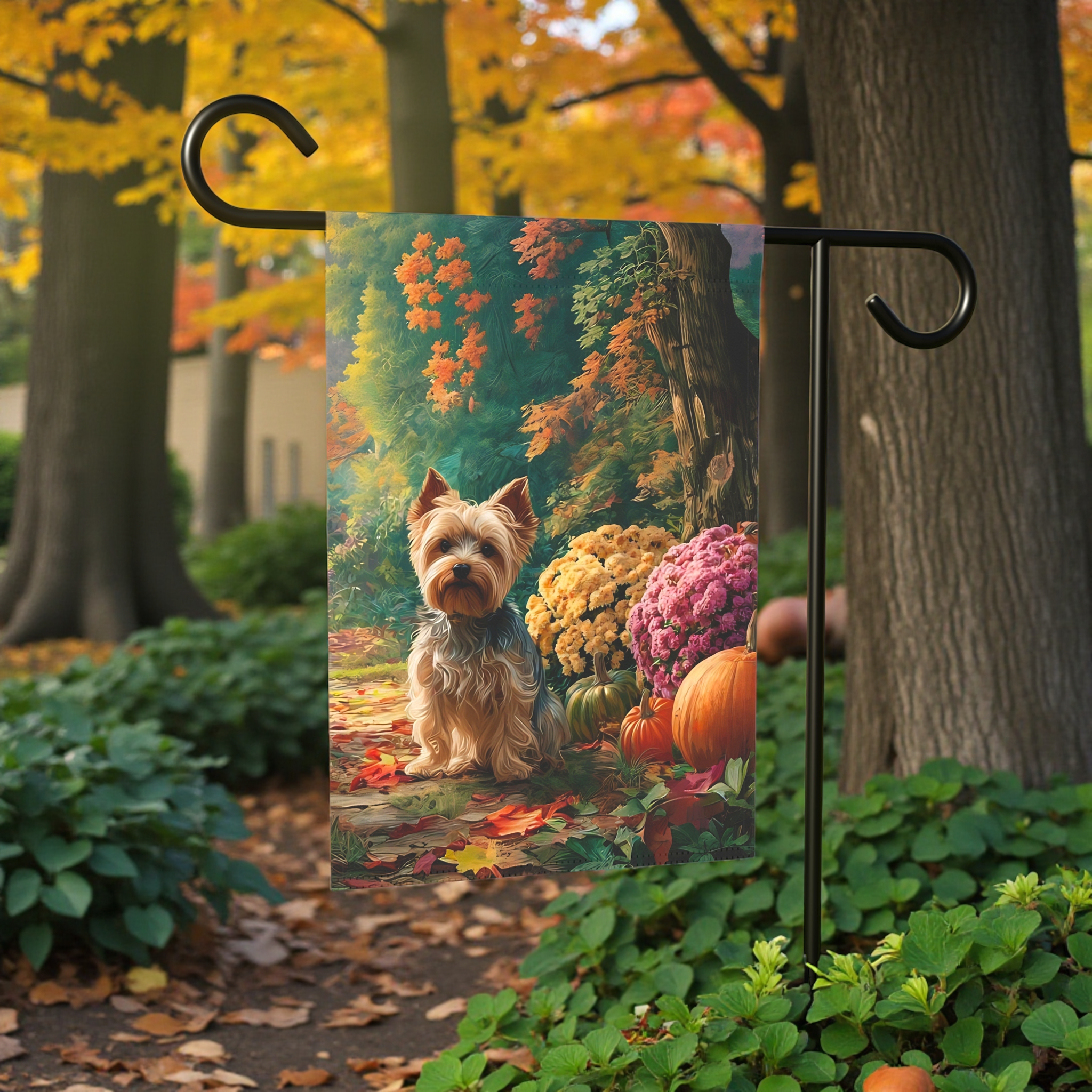 Fall Flowers Yorkshire Terrier Garden Flag - front view - Dragonfire Gardens