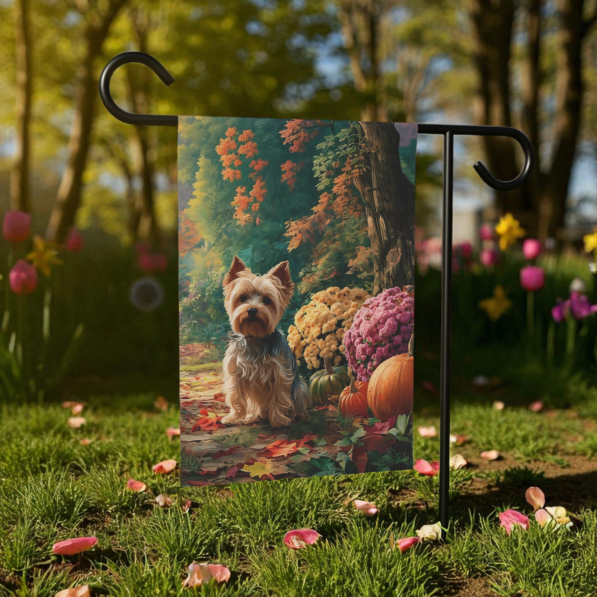 Fall Flowers Yorkshire Terrier Garden Flag - size comparison - Dragonfire Gardens