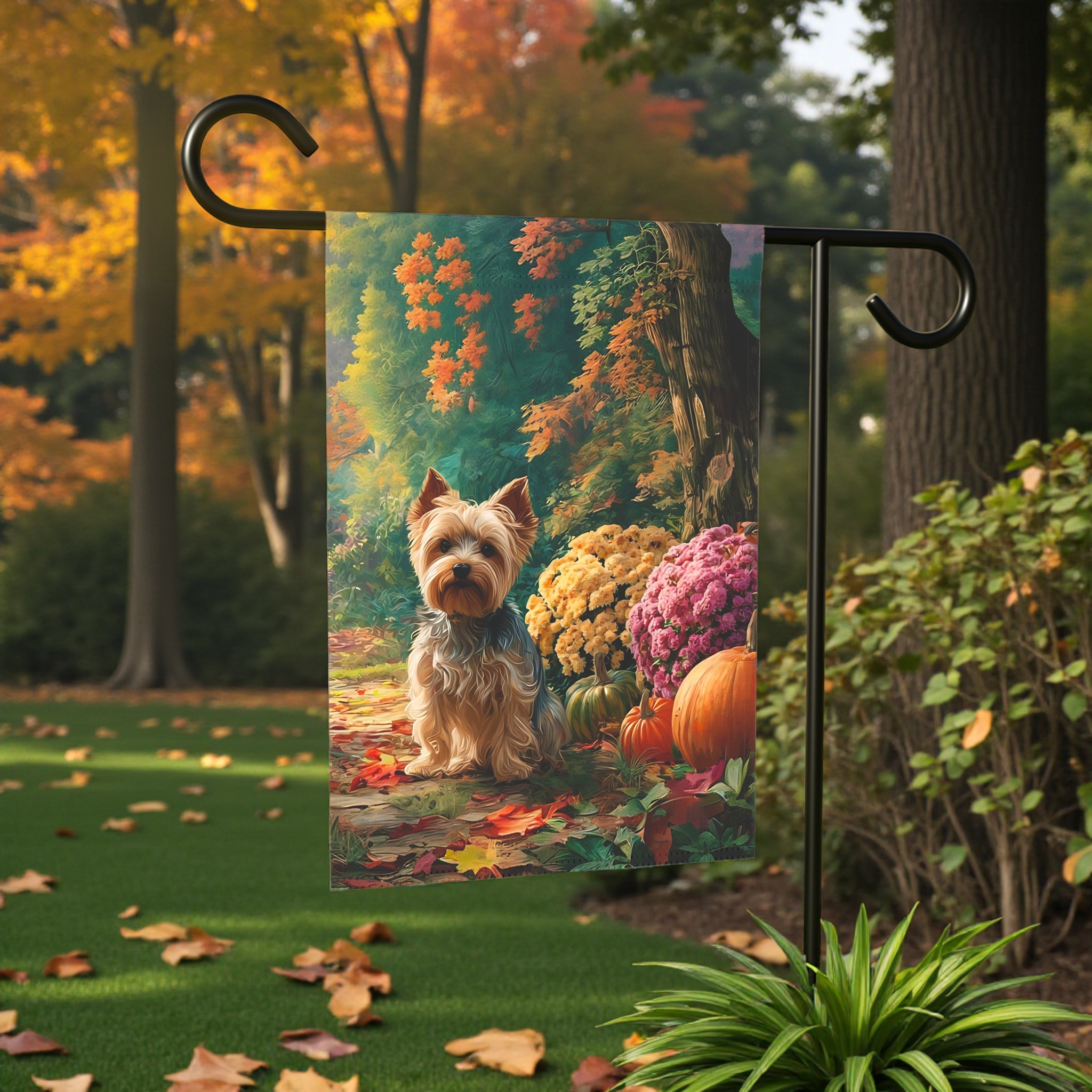 Fall Flowers Yorkshire Terrier Garden Flag - lifestyle display - Dragonfire Gardens
