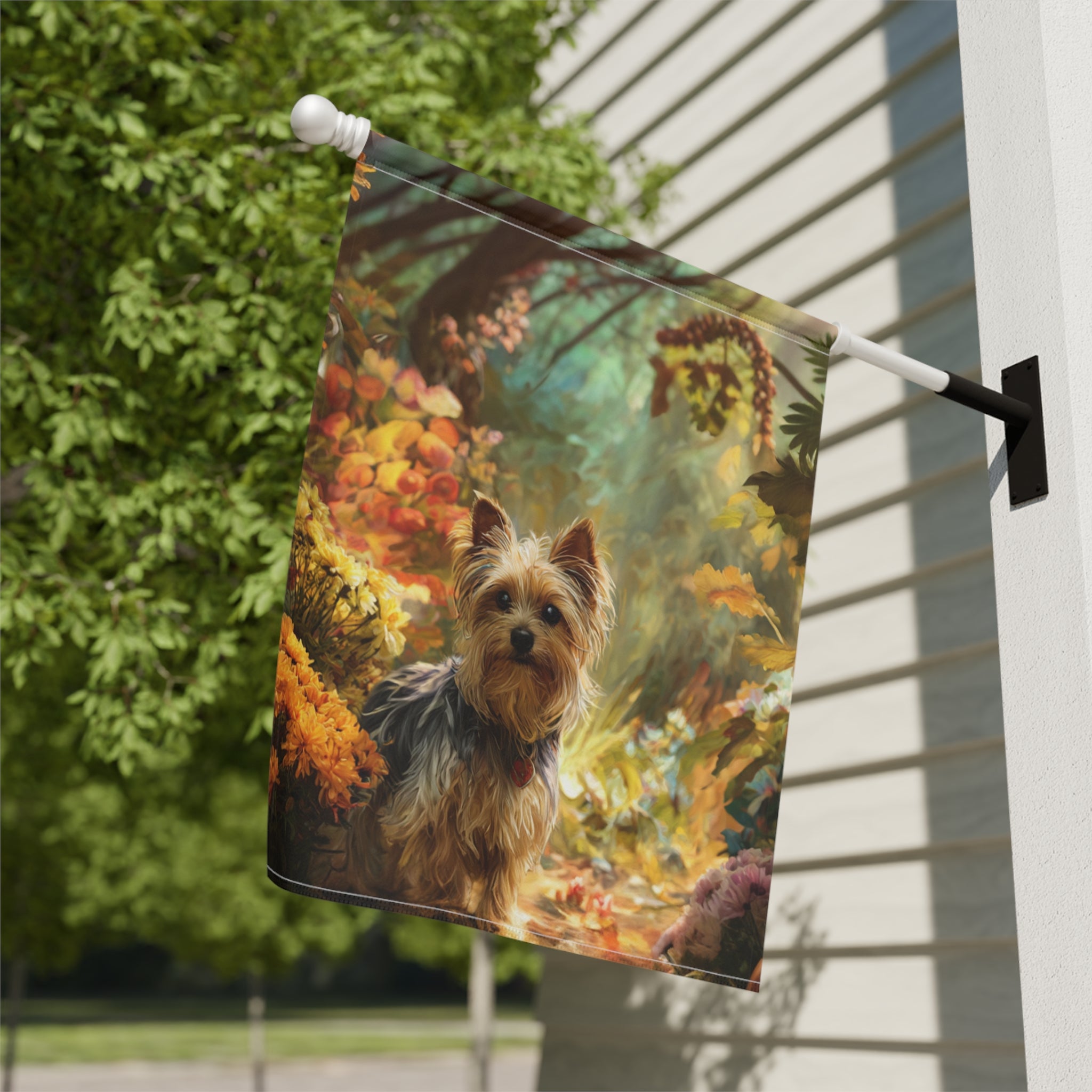 Fall Flower Yorkshire Terrier Garden Flag - close-up detail - Dragonfire Gardens