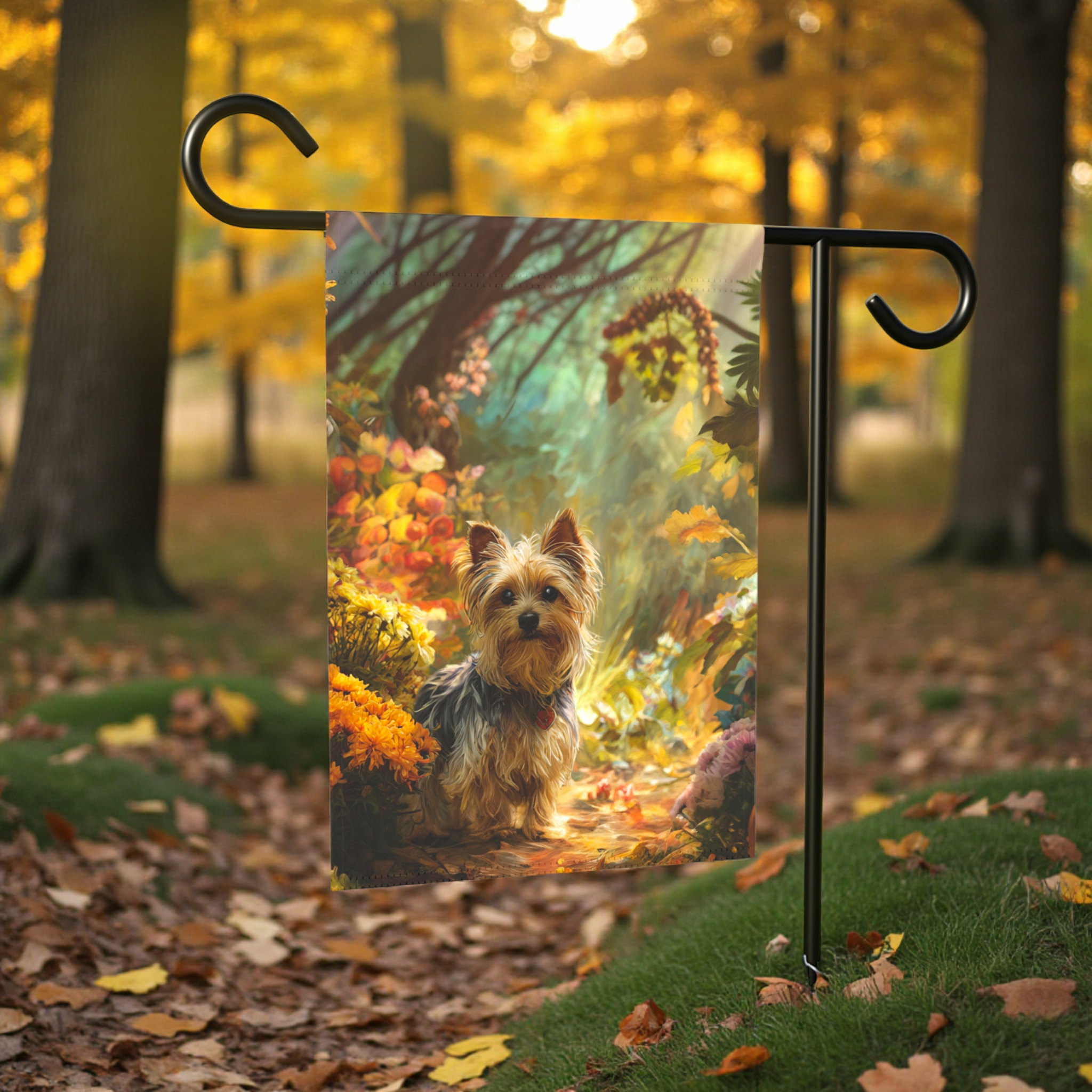 Fall Flower Yorkshire Terrier Garden Flag - size comparison - Dragonfire Gardens