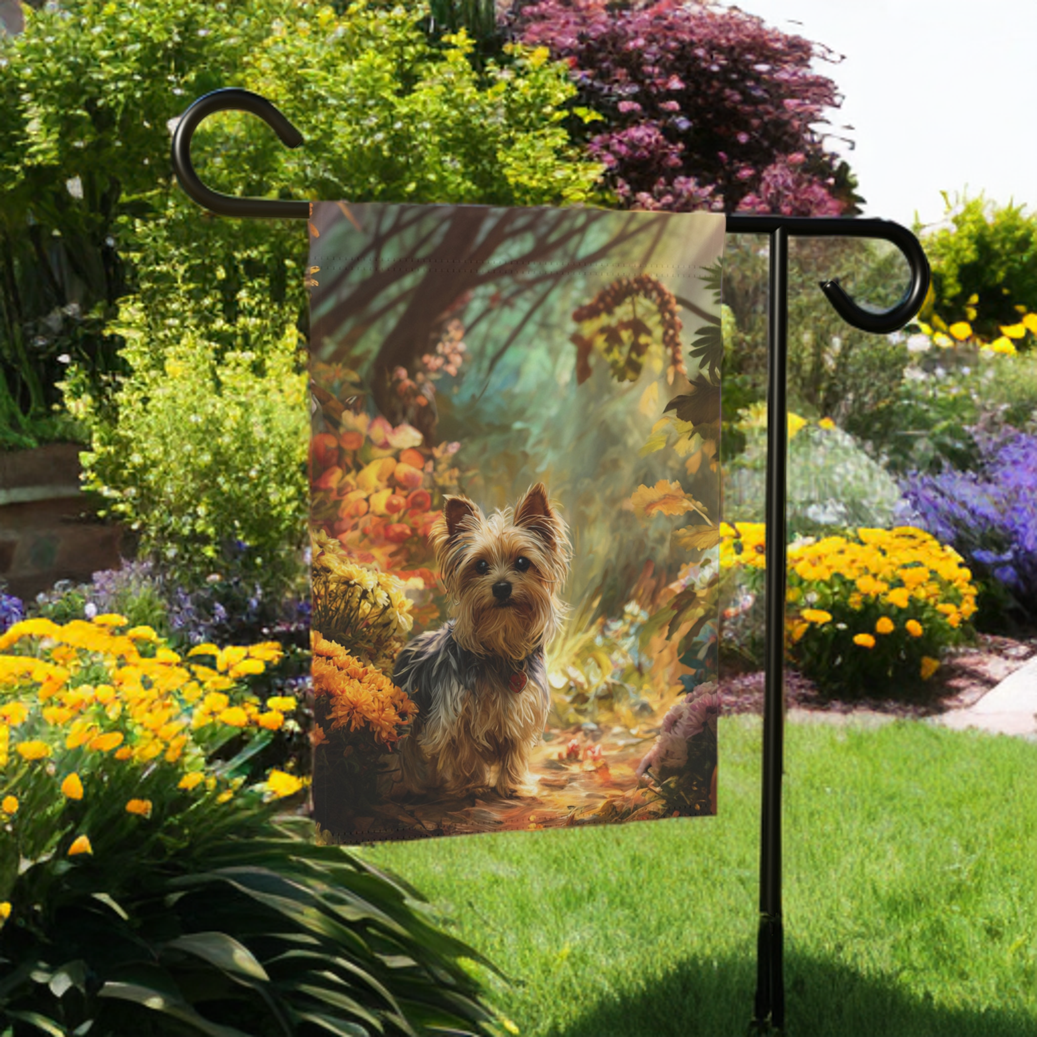 Fall Flower Yorkshire Terrier Garden Flag - lifestyle display - Dragonfire Gardens