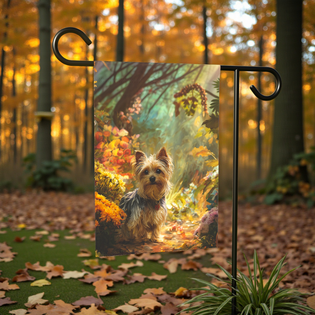 Fall Flower Yorkshire Terrier Garden Flag - front view - Dragonfire Gardens