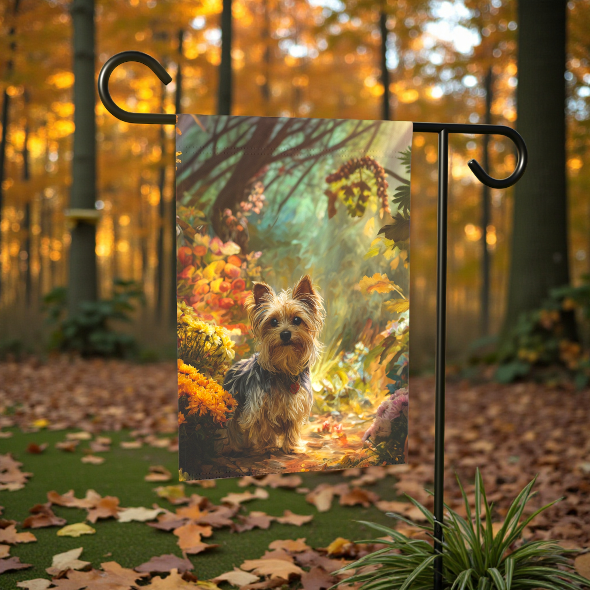 Fall Flower Yorkshire Terrier Garden Flag - front view - Dragonfire Gardens