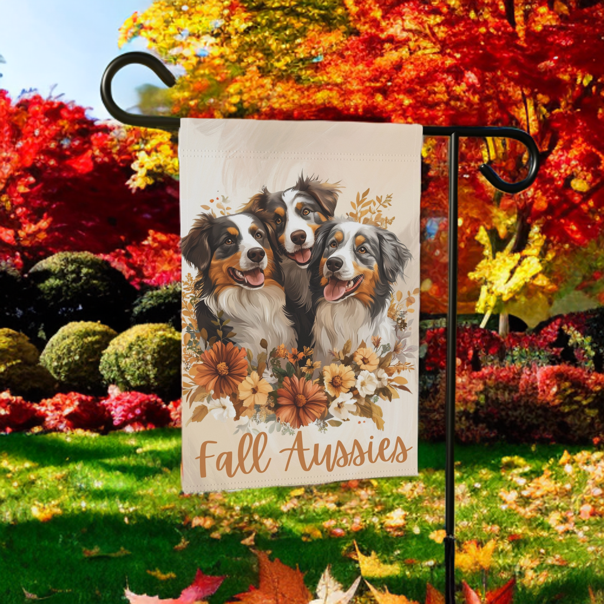 Fall Aussies Garden Flag - lifestyle display - Dragonfire Gardens