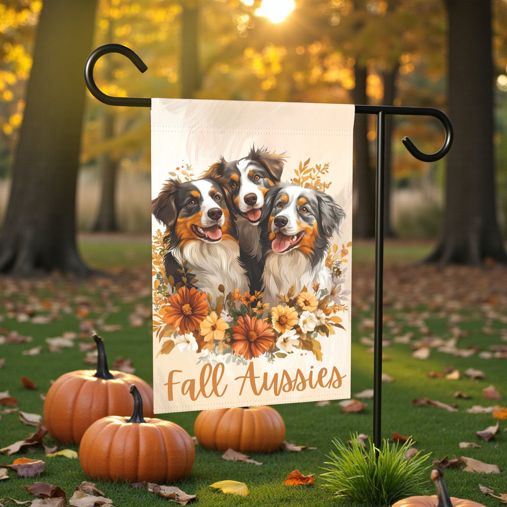 Fall Aussies Garden Flag - front view - Dragonfire Gardens