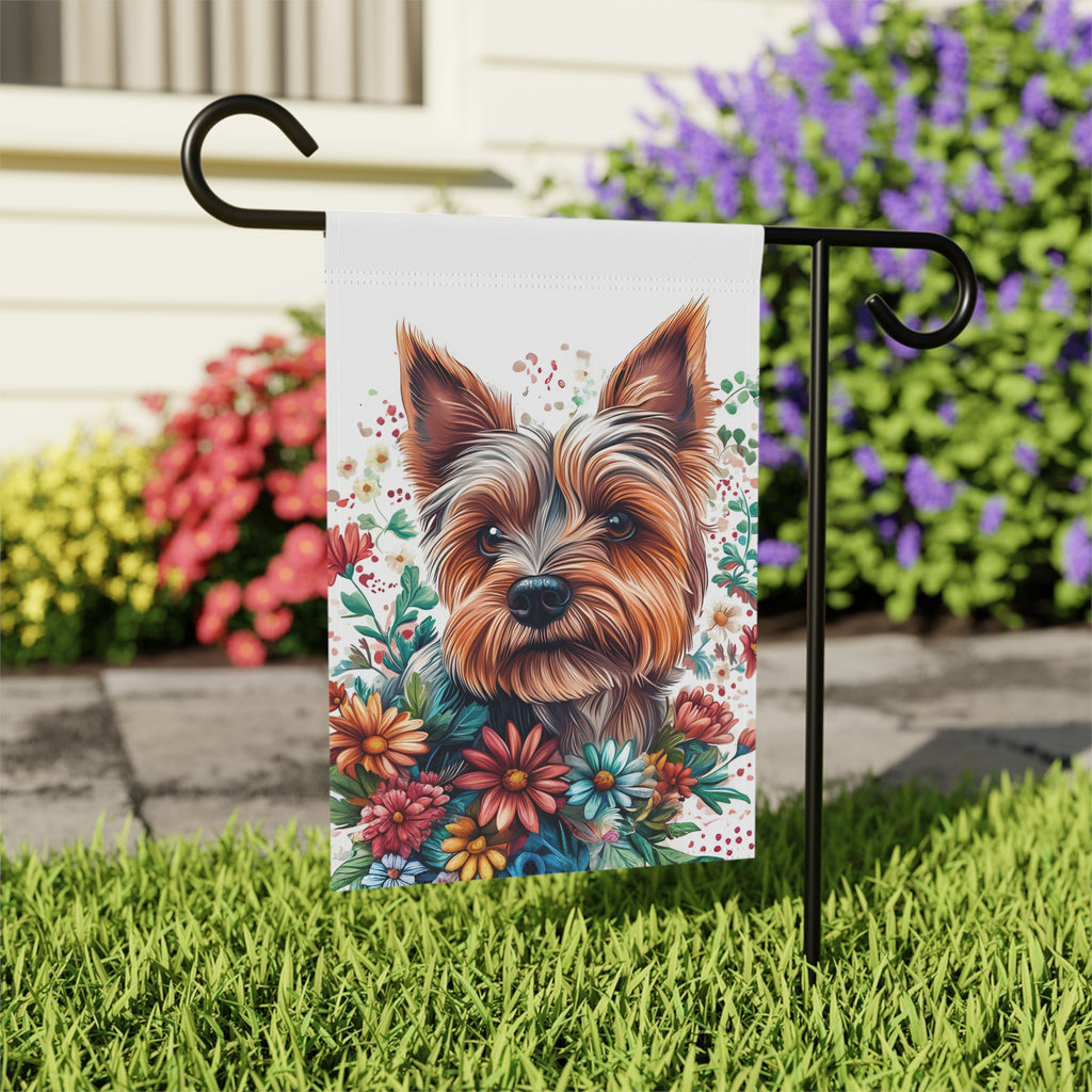 Yorkie and Spring Flowers Garden Flag - outdoor display - Dragonfire Gardens