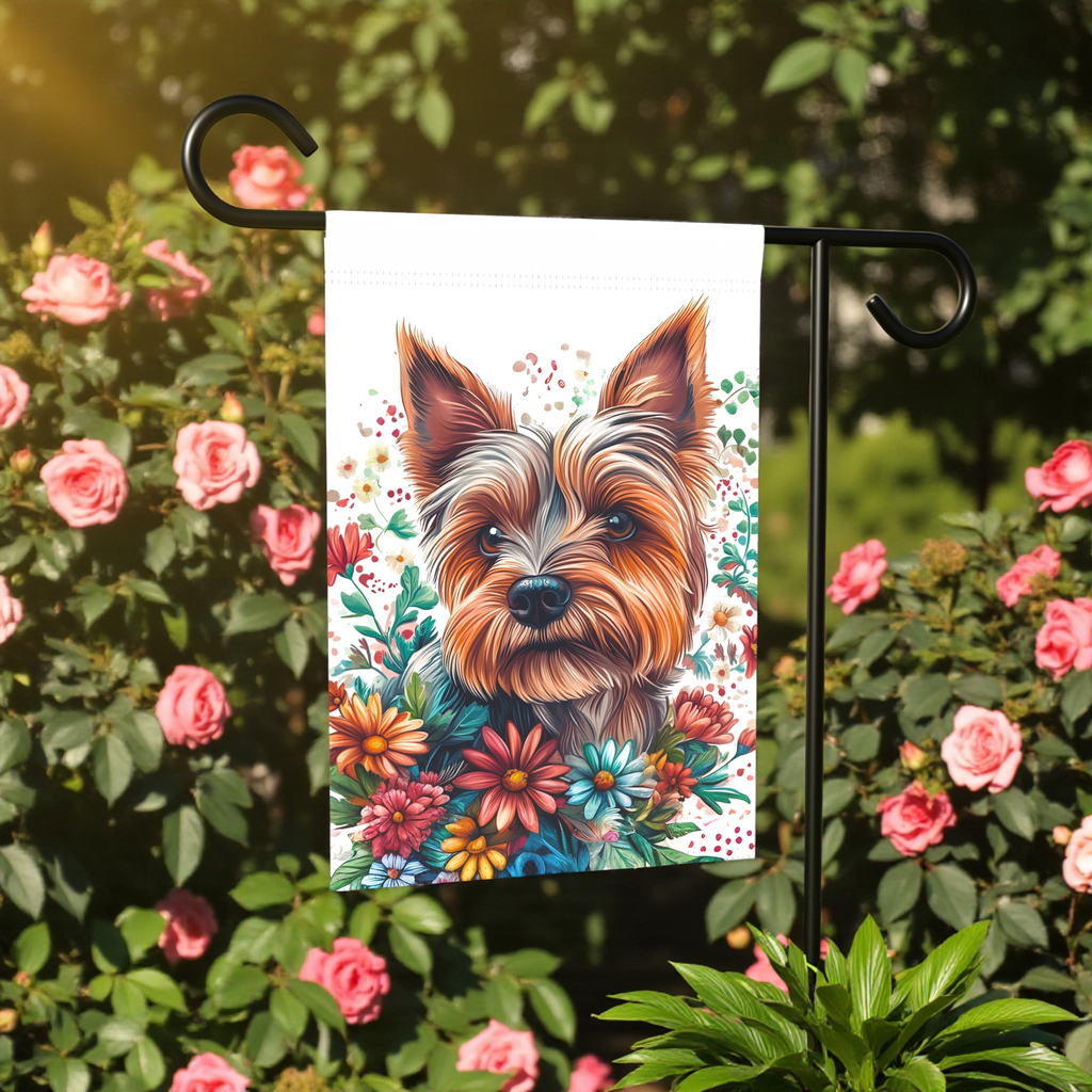 Yorkie and Spring Flowers Garden Flag - front view - Dragonfire Gardens