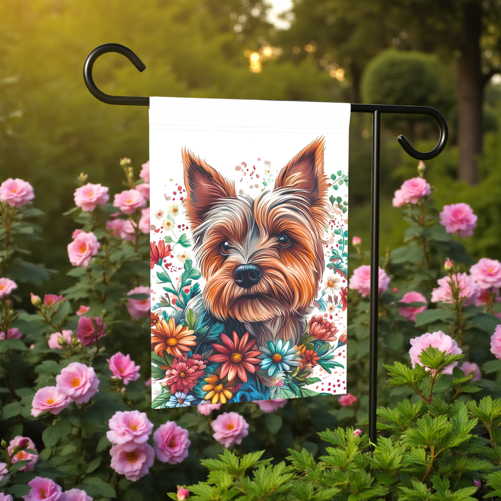 Yorkie and Spring Flowers Garden Flag - size comparison - Dragonfire Gardens