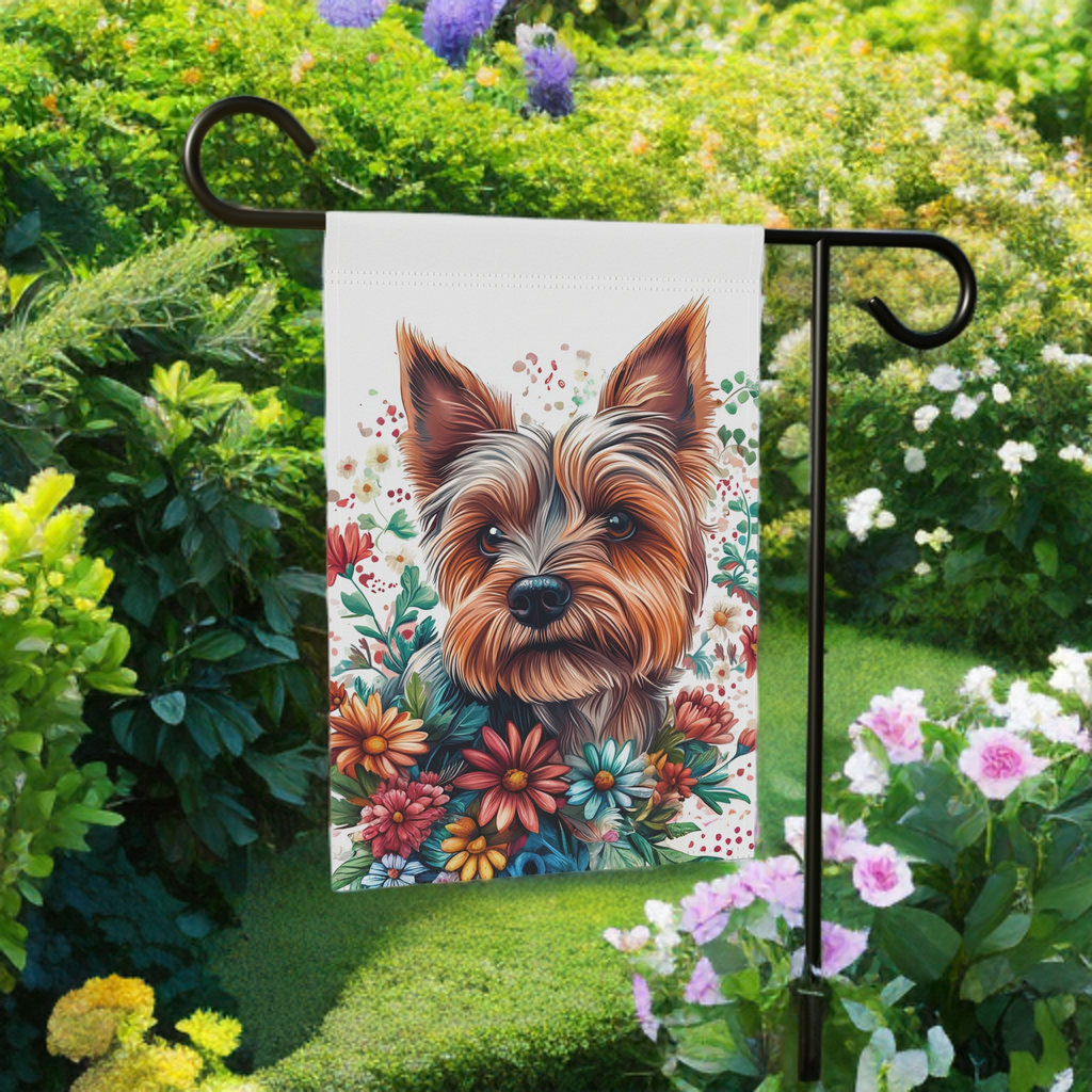 Yorkie and Spring Flowers Garden Flag - lifestyle display - Dragonfire Gardens