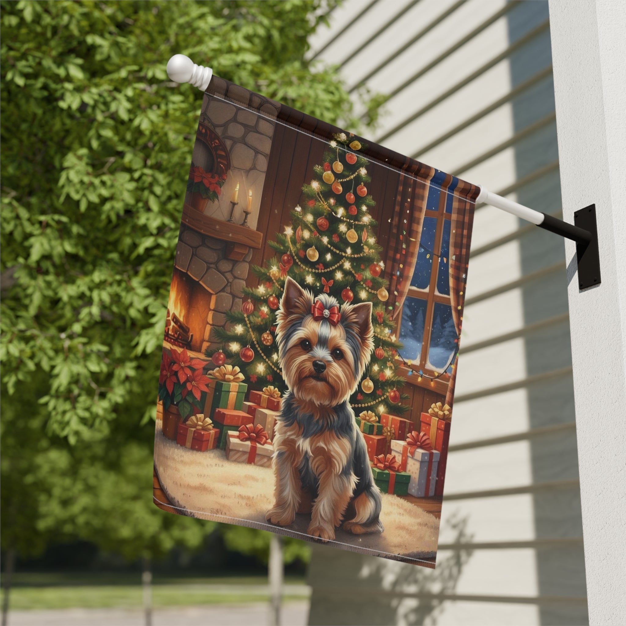 Christmas Tree Yorkie Garden Flag - close-up detail - Dragonfire Gardens