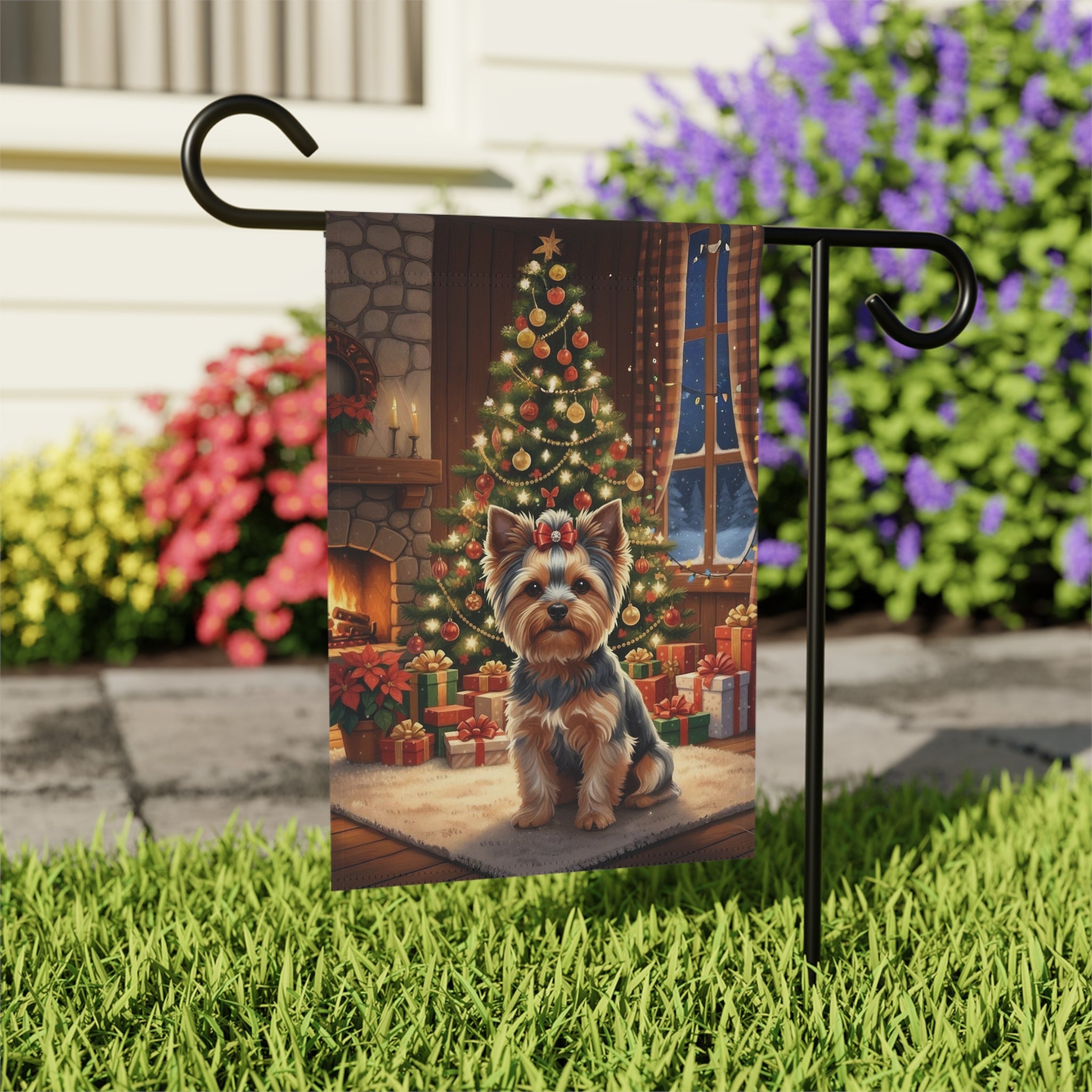 Christmas Tree Yorkie Garden Flag - outdoor display - Dragonfire Gardens