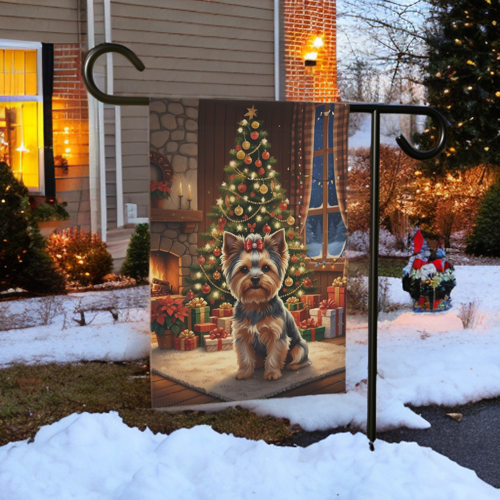 Christmas Tree Yorkie Garden Flag - size comparison - Dragonfire Gardens