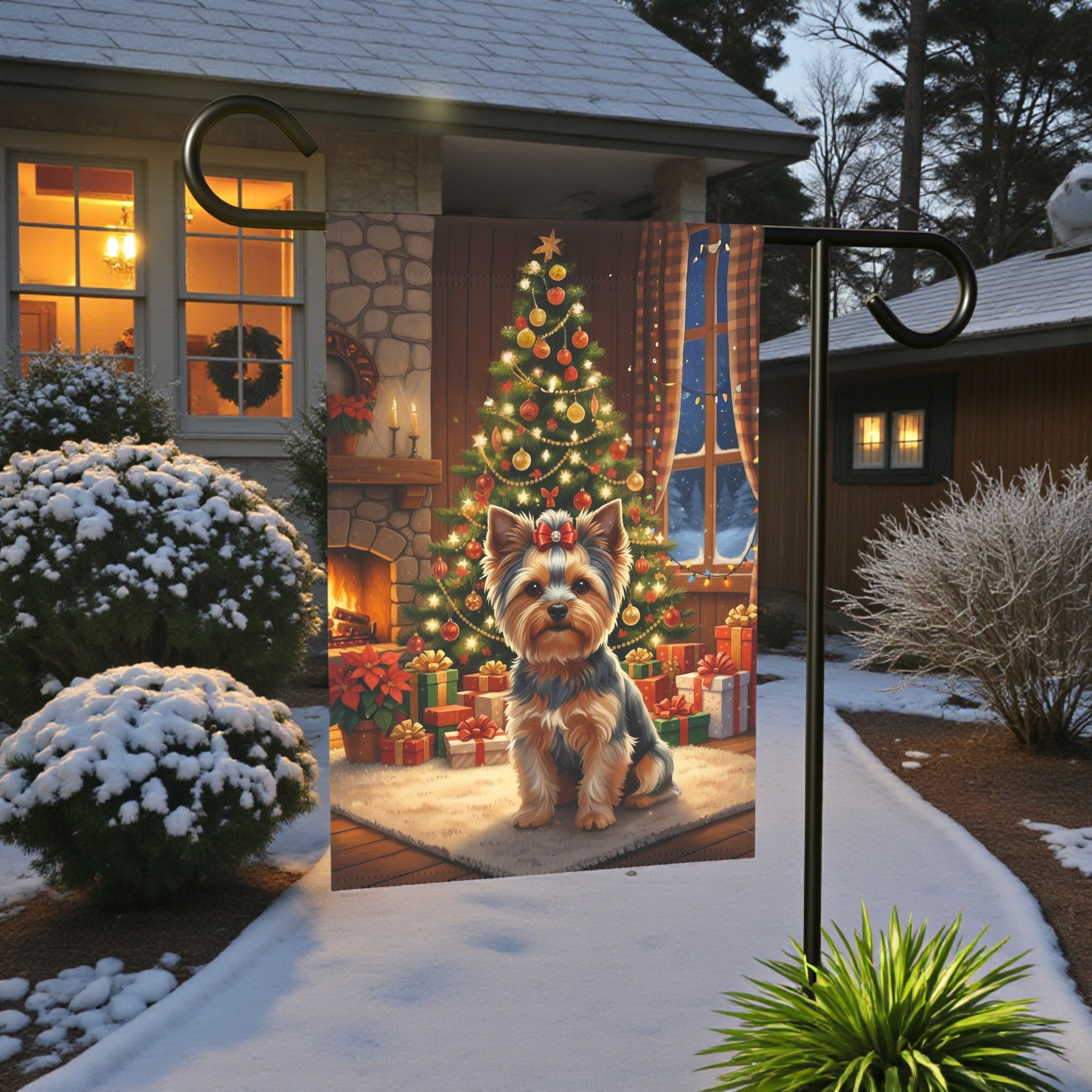 Christmas Tree Yorkie Garden Flag - lifestyle display - Dragonfire Gardens