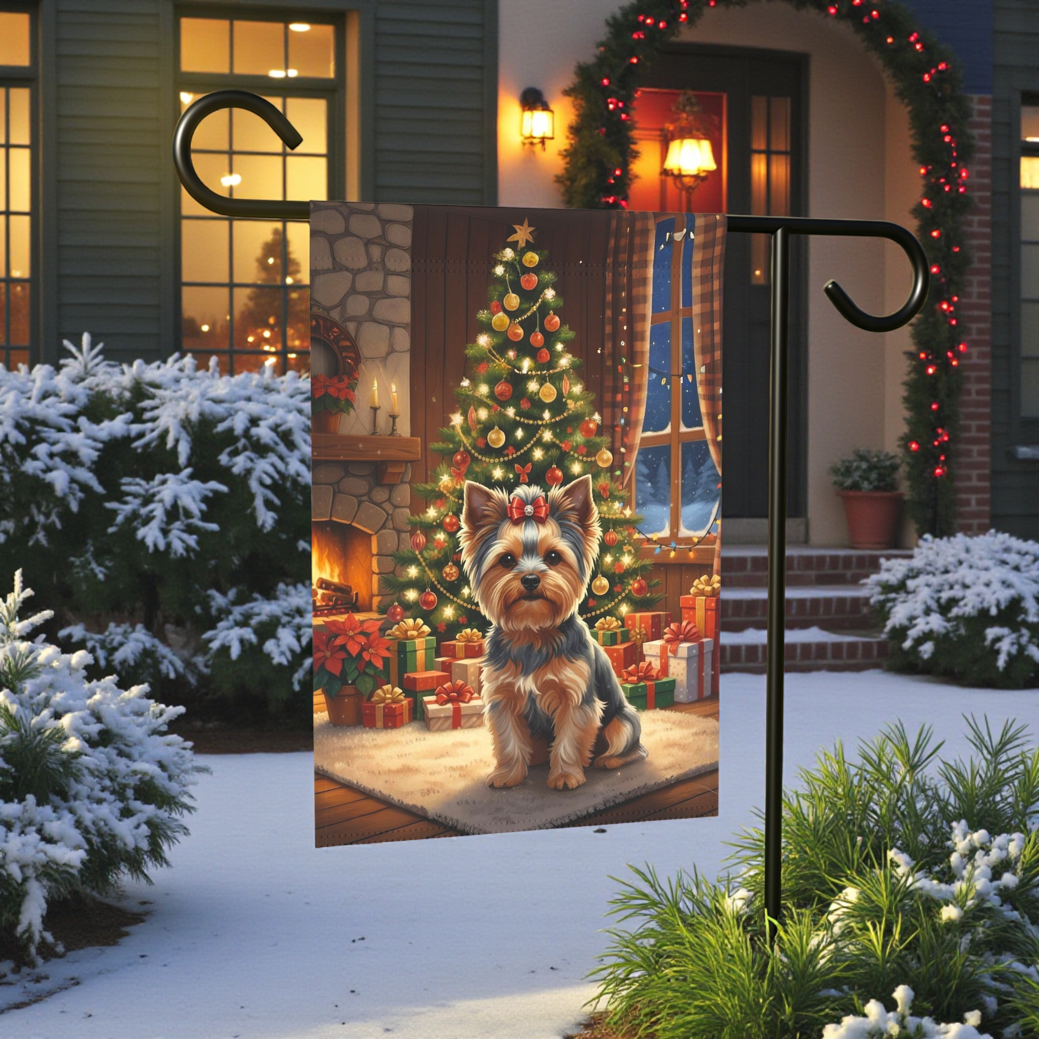 Christmas Tree Yorkie Garden Flag - front view - Dragonfire Gardens